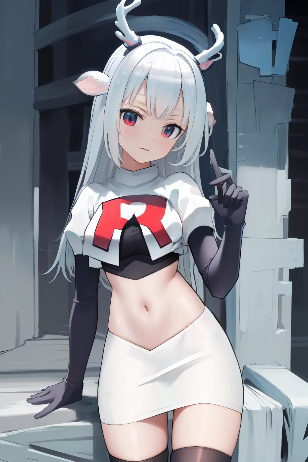 (absurdres, absurd resolution, highres, high resolution, best quality, masterpiece:1.1)
(solo, 1girl)
hakushika iori, antlers, deer ears
outdoors, team rocket,team rocket uniform, red letter R, white skirt,white crop top,black thigh-highs,black elbow gloves