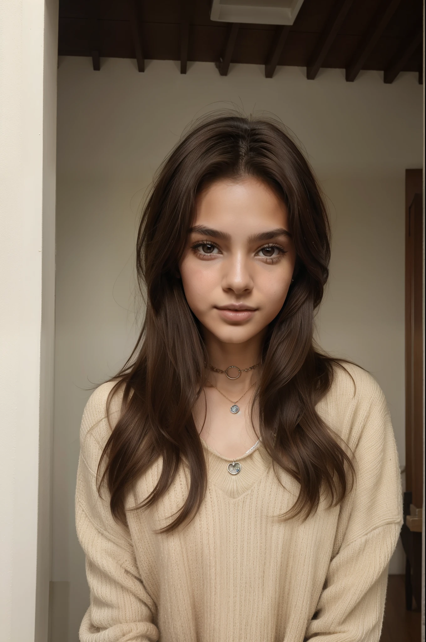 1Girl 18 years old, solo, Pelo largo, Medium size , mirando al espectador, pelo rubio, hombros descubiertos, Brown eyes, Joyas, cuerpo entero, Collar, fuera del hombro, pull-over, labios, Realista, nariz, flirting with the camera