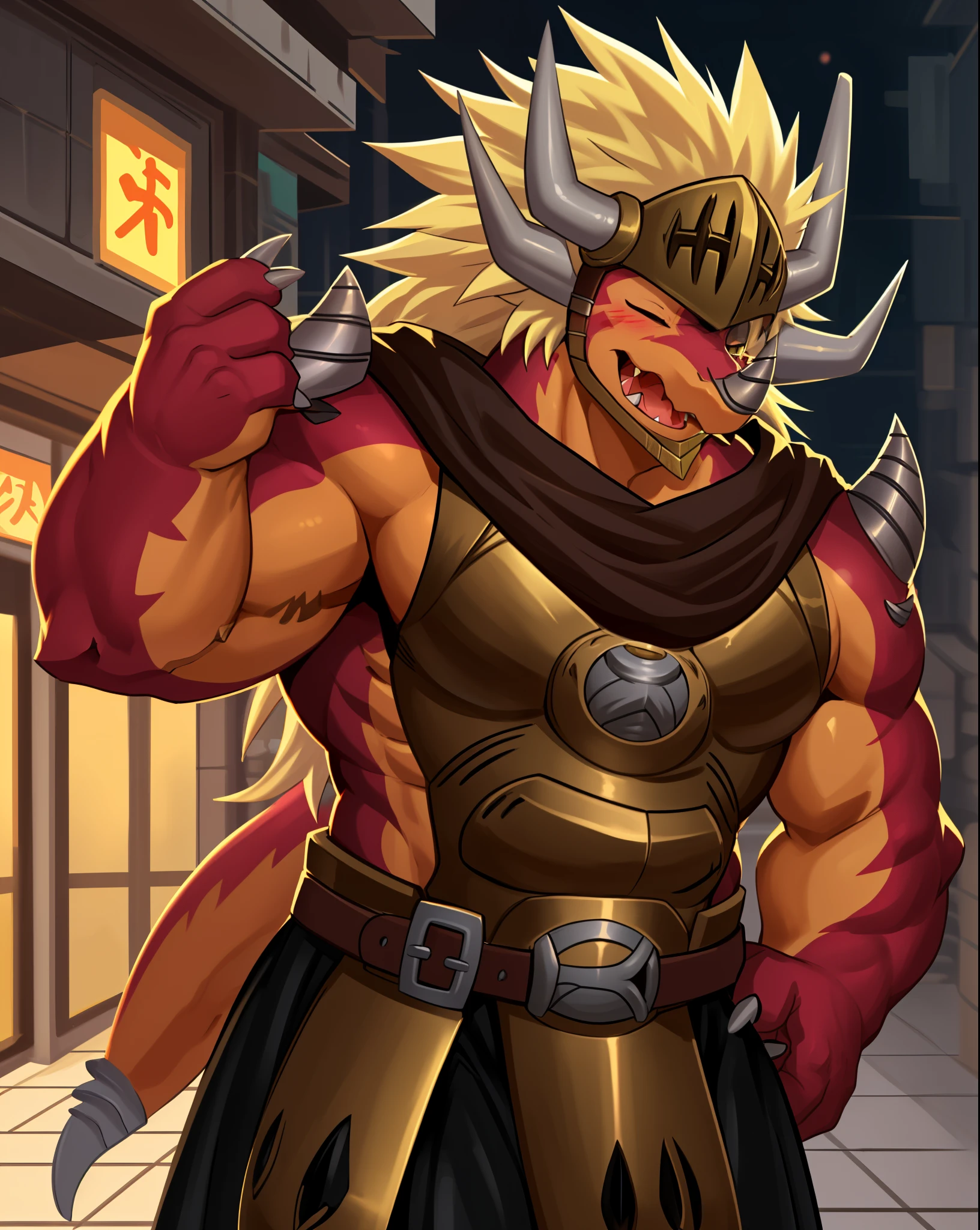 drum bunker dragon, helmet, anthro, dragon, male, armor, solo, horn, claws, scalie, blonde hair, muscular,
bust portrait, one eye closed, laugh, blush,
kemono, detailed background