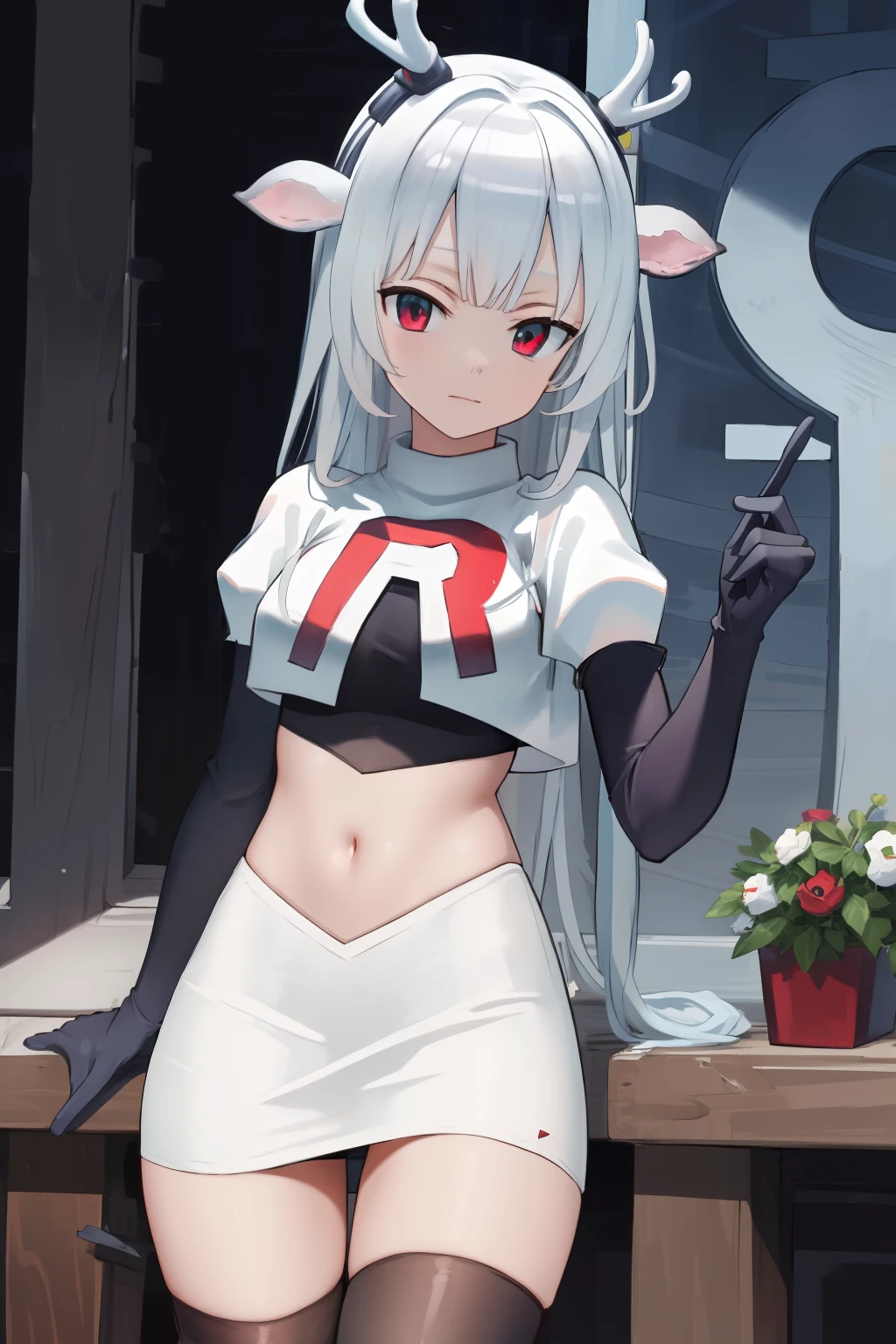 (absurdres, absurd resolution, highres, high resolution, best quality, masterpiece:1.1)
(solo, 1girl)
hakushika iori, antlers, deer ears
outdoors, team rocket,team rocket uniform, red letter R, white skirt,white crop top,black thigh-highs,black elbow gloves