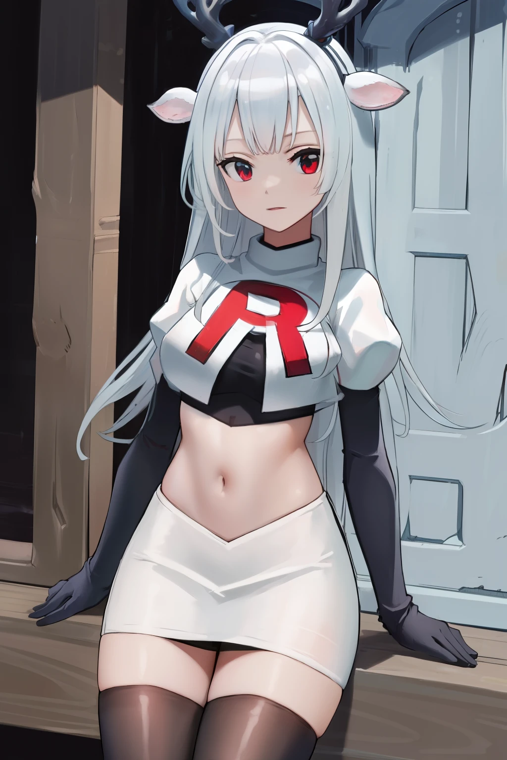 (absurdres, absurd resolution, highres, high resolution, best quality, masterpiece:1.1)
(solo, 1girl)
hakushika iori, antlers, deer ears
outdoors, team rocket,team rocket uniform, red letter R, white skirt,white crop top,black thigh-highs,black elbow gloves