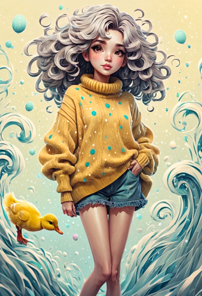 (best quality, highres, ultra sharp), (magical cute girl:1.2). Standing, Full body view, long legs. unique style, standing, long neck, large head, exaggerated hair, fluffy hair, small freckles, exaggerated expression, surreal, duck egg yellow sweater with small dots, details, horsehair, fluffy, socks, magic background, hand-drawn style,pencil drawing,cute, flowing lines, clean and crisp outlines, clean composition, zentangle hair style, art deco, zentangle, 3d crunch, cinematic,