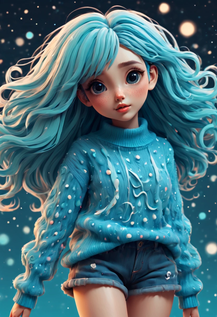 (best quality, highres, ultra sharp), (magical cute girl:1.2). Standing, Full body view, long legs. unique style, standing, long neck, large head, exaggerated hair, fluffy hair, small freckles, exaggerated expression, surreal, duck egg blue sweater with small dots, details, horsehair, fluffy, socks, magic background, hand-drawn style,pencil drawing,cute, flowing lines, clean and crisp outlines, clean composition, zentangle hair style, art deco, zentangle, 3d crunch, cinematic,