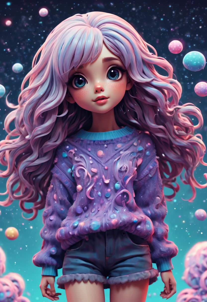 (best quality, highres, ultra sharp), (magical cute girl:1.2). Standing, Full body view, long legs. unique style, standing, long neck, large head, exaggerated hair, fluffy hair, small freckles, exaggerated expression, surreal, duck egg puple sweater with small dots, details, horsehair, fluffy, socks, magic background, hand-drawn style,pencil drawing,cute, flowing lines, clean and crisp outlines, clean composition, zentangle hair style, art deco, zentangle, 3d crunch, cinematic,