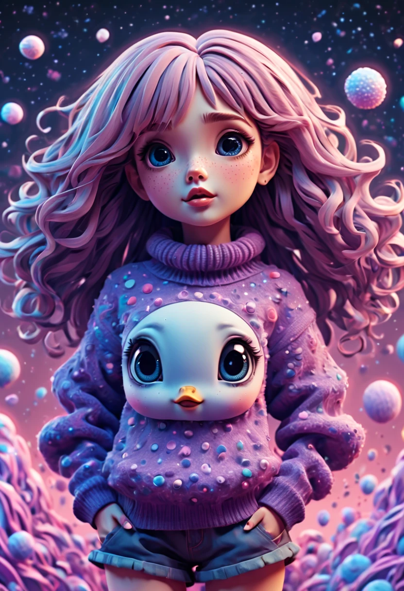 (best quality, highres, ultra sharp), (magical cute girl:1.2). Standing, Full body view, long legs. unique style, standing, long neck, large head, exaggerated hair, fluffy hair, small freckles, exaggerated expression, surreal, duck egg puple sweater with small dots, details, horsehair, fluffy, socks, magic background, hand-drawn style,pencil drawing,cute, flowing lines, clean and crisp outlines, clean composition, zentangle hair style, art deco, zentangle, 3d crunch, cinematic,