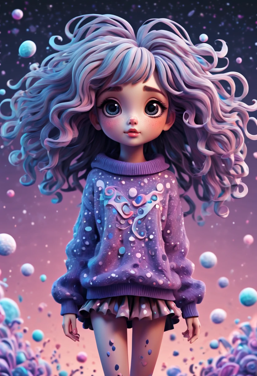 (best quality, highres, ultra sharp), (magical cute girl:1.2). Standing, Full body view, long legs. unique style, standing, long neck, large head, exaggerated hair, fluffy hair, small freckles, exaggerated expression, surreal, duck egg puple sweater with small dots, details, horsehair, fluffy, socks, magic background, hand-drawn style,pencil drawing,cute, flowing lines, clean and crisp outlines, clean composition, zentangle hair style, art deco, zentangle, 3d crunch, cinematic,