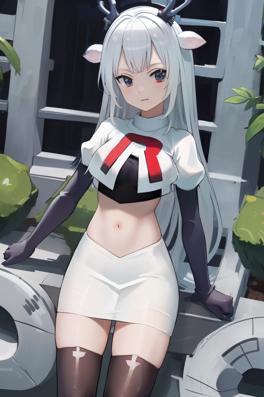 (absurdres, absurd resolution, highres, high resolution, best quality, masterpiece:1.1)
(solo, 1girl)
hakushika iori, antlers, deer ears
outdoors, team rocket,team rocket uniform, red letter R, white skirt,white crop top,black thigh-highs,black elbow gloves