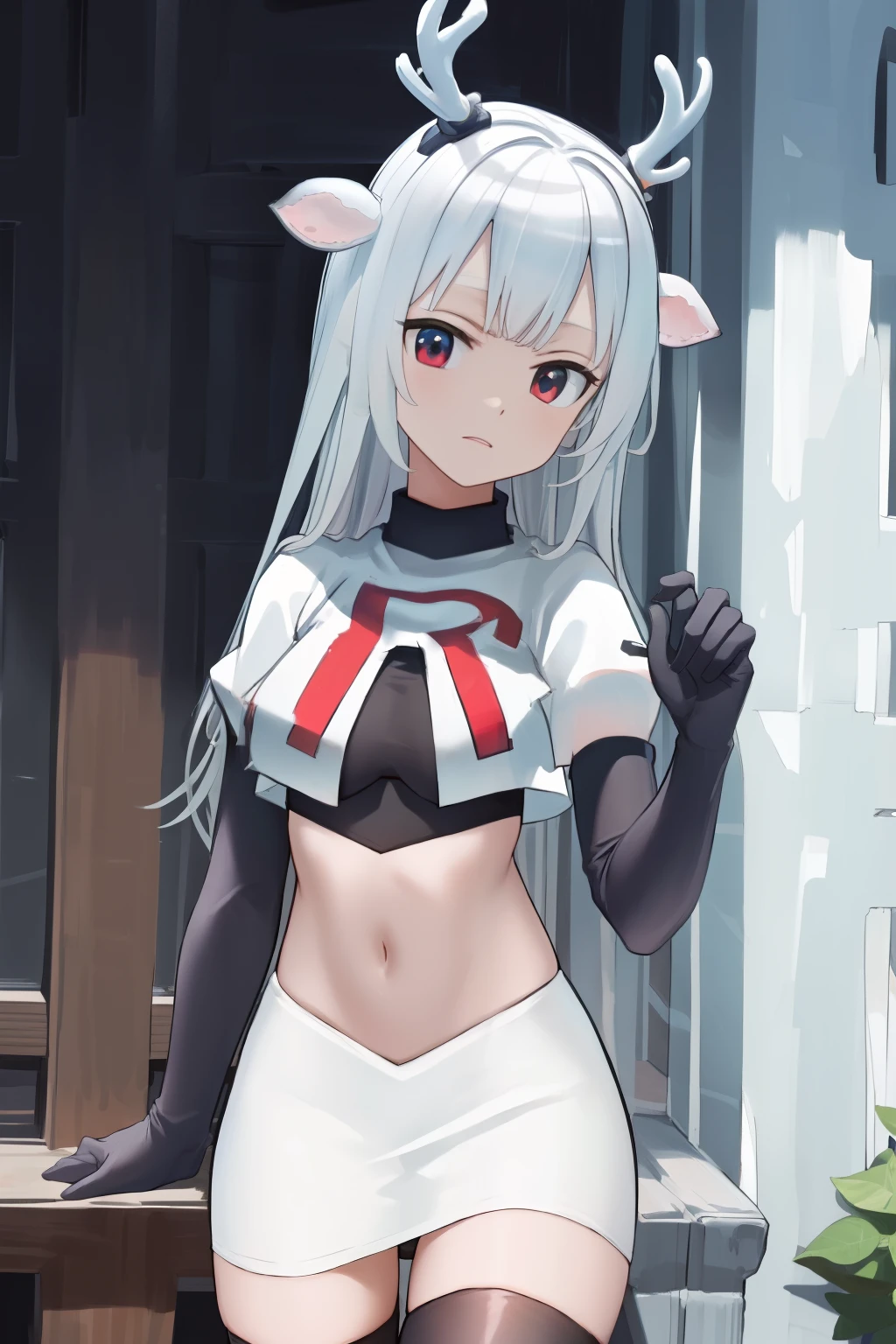 (absurdres, absurd resolution, highres, high resolution, best quality, masterpiece:1.1)
(solo, 1girl)
hakushika iori, antlers, deer ears
outdoors, team rocket,team rocket uniform, red letter R, white skirt,white crop top,black thigh-highs,black elbow gloves