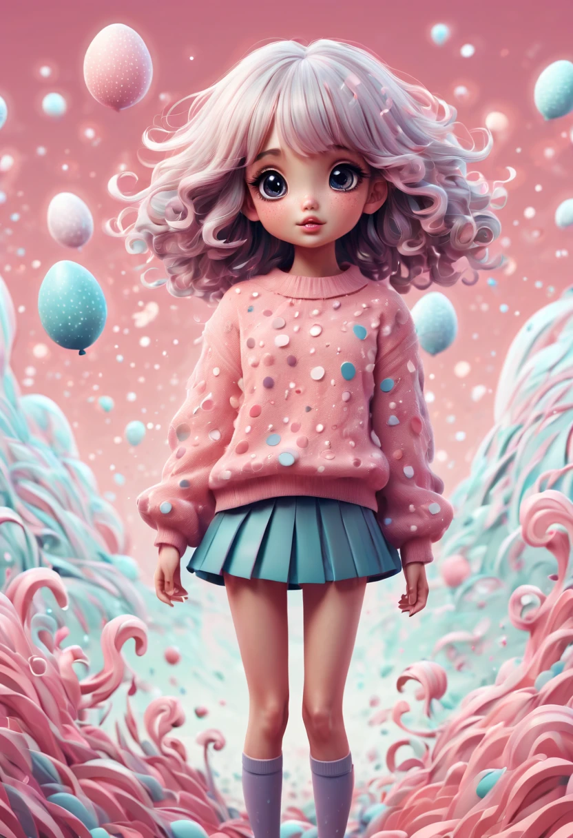 (best quality, highres, ultra sharp), (magical cute girl:1.2). Standing, Full body view, long legs. unique style, standing, long neck, large head, exaggerated hair, fluffy hair, small freckles, exaggerated expression, surreal, duck egg pink sweater with small dots, details, horsehair, fluffy, socks, magic background, hand-drawn style,pencil drawing,cute, flowing lines, clean and crisp outlines, clean composition, zentangle hair style, art deco, zentangle, 3d crunch, cinematic,