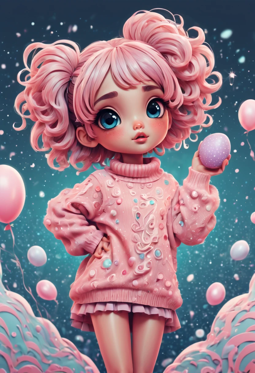 (best quality, highres, ultra sharp), (magical cute girl:1.2). Standing, Full body view, long legs. unique style, standing, long neck, large head, exaggerated hair, fluffy hair, small freckles, exaggerated expression, surreal, duck egg pink sweater with small dots, details, horsehair, fluffy, socks, magic background, hand-drawn style,pencil drawing,cute, flowing lines, clean and crisp outlines, clean composition, zentangle hair style, art deco, zentangle, 3d crunch, cinematic,