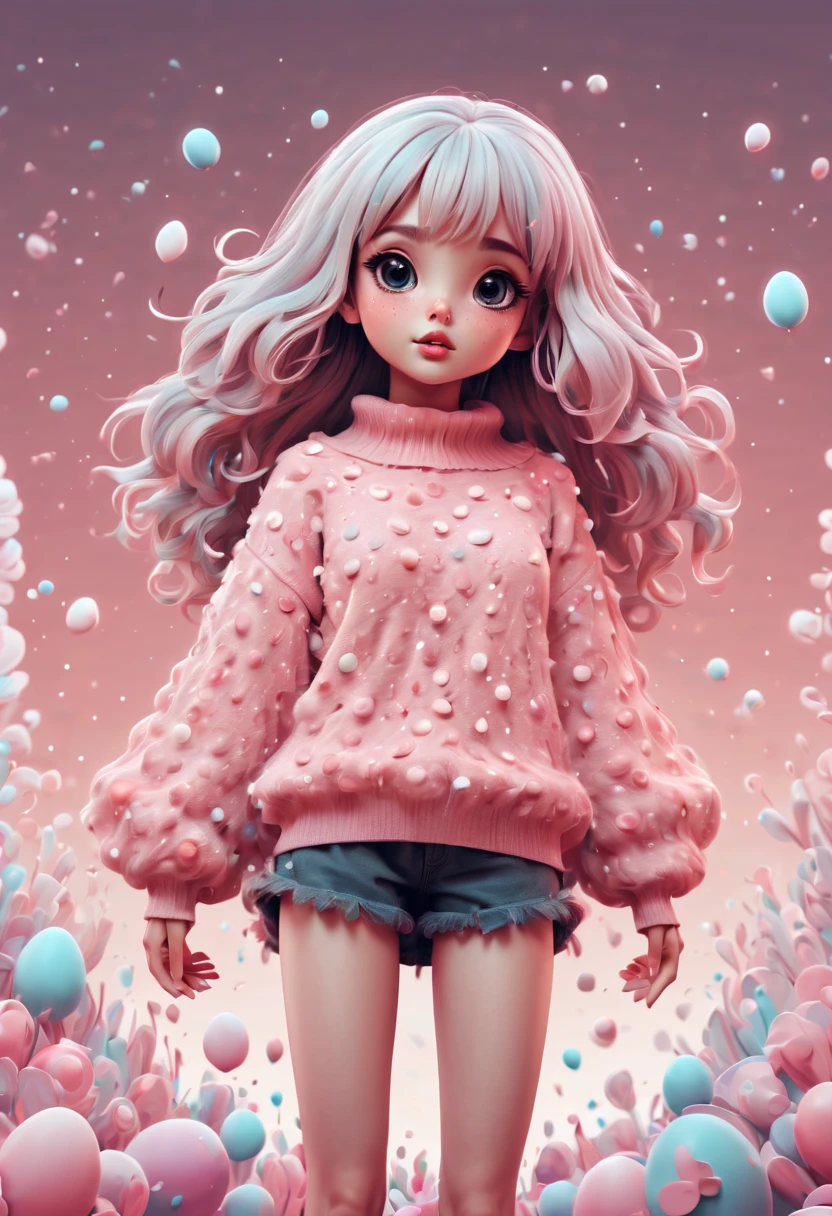 (best quality, highres, ultra sharp), (magical cute girl:1.2). Standing, Full body view, long legs. unique style, standing, long neck, large head, exaggerated hair, fluffy hair, small freckles, exaggerated expression, surreal, duck egg pink sweater with small dots, details, horsehair, fluffy, socks, magic background, hand-drawn style,pencil drawing,cute, flowing lines, clean and crisp outlines, clean composition, zentangle hair style, art deco, zentangle, 3d crunch, cinematic,
