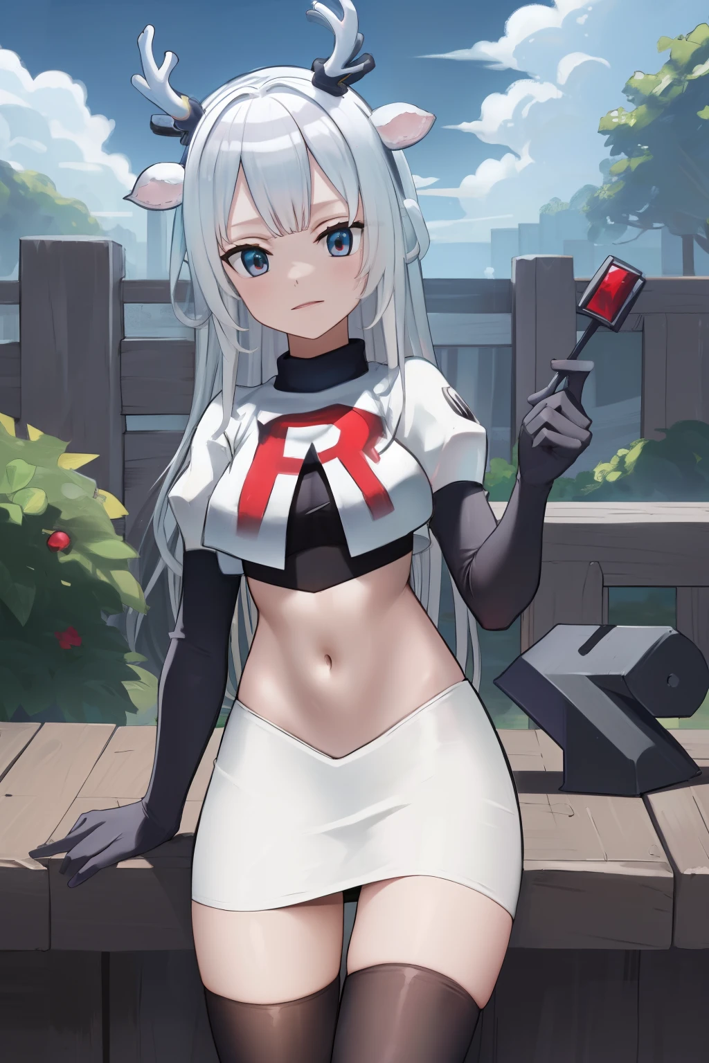 (absurdres, absurd resolution, highres, high resolution, best quality, masterpiece:1.1)
(solo, 1girl)
hakushika iori, antlers, deer ears
outdoors, team rocket,team rocket uniform, red letter R, white skirt,white crop top,black thigh-highs,black elbow gloves