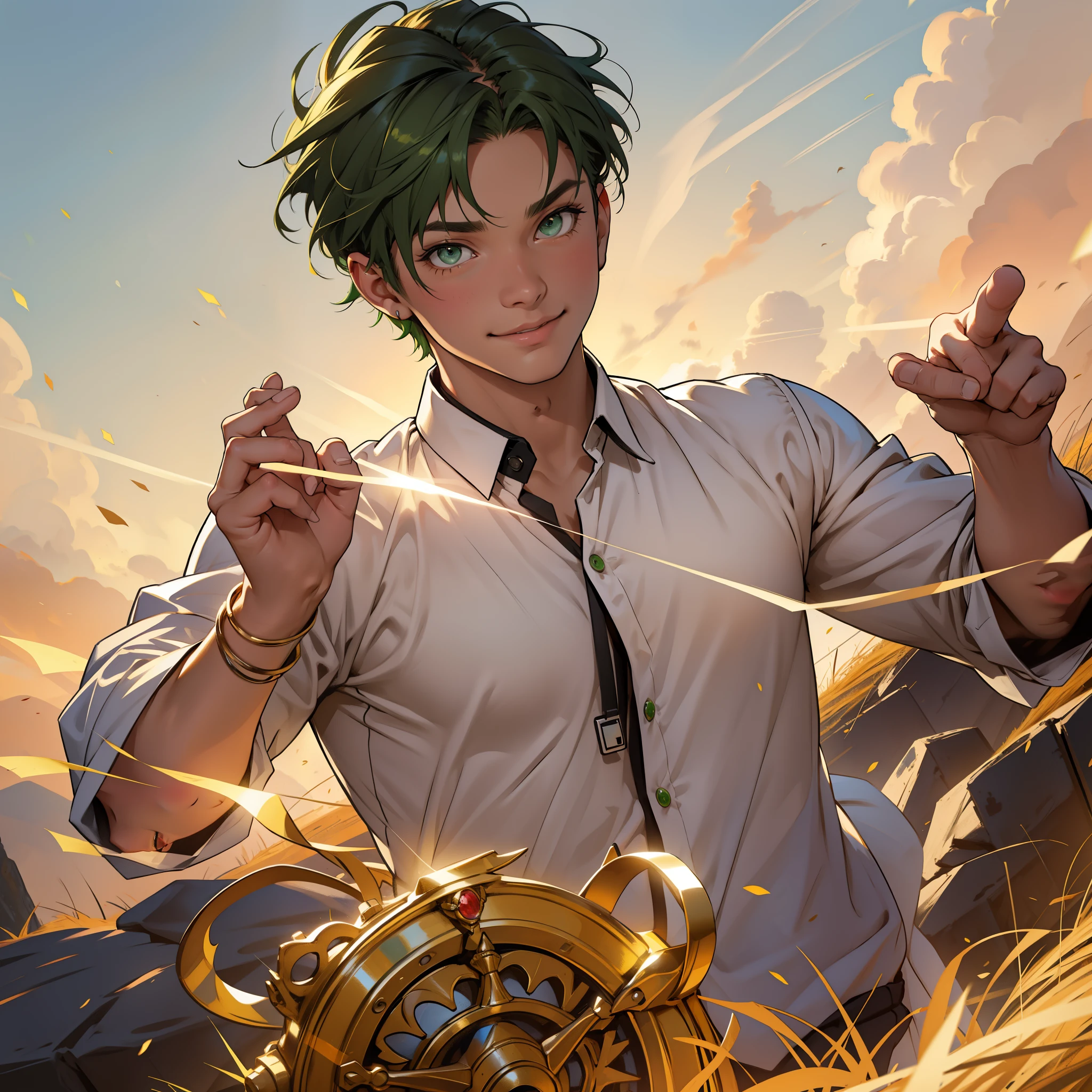 they smile maliciously they are smiling making fun of someone 16 year old man cute green eyes(en 8K、de primera calidad、masterpiece:1.2)、1 chico、de pelo corto、Pelo corto、 hay luces doradas y verdes rodeandoloPiel morena、Vista Dorada、