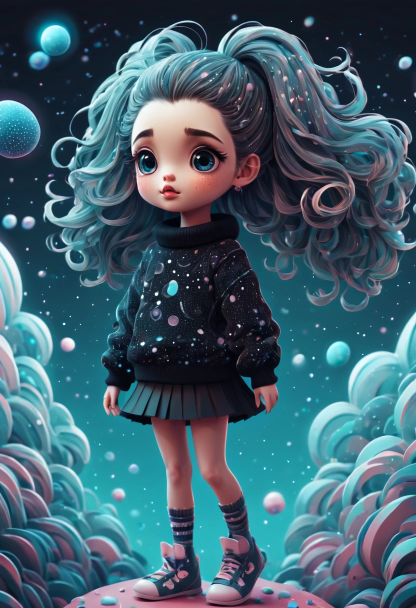 (best quality, highres, ultra sharp), (magical cute girl:1.2). Standing, Full body view, long legs. unique style, standing, long neck, large head, exaggerated hair, fluffy hair, small freckles, exaggerated expression, surreal, duck egg black sweater with small dots, details, horsehair, fluffy, socks, magic background, hand-drawn style,pencil drawing,cute, flowing lines, clean and crisp outlines, clean composition, zentangle hair style, art deco, zentangle, 3d crunch, cinematic,