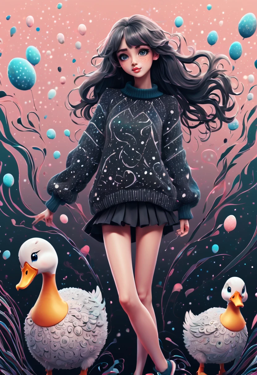 (best quality, highres, ultra sharp), (magical cute girl:1.2). Standing, Full body view, long legs. unique style, standing, long neck, large head, exaggerated hair, fluffy hair, small freckles, exaggerated expression, surreal, duck egg black sweater with small dots, details, horsehair, fluffy, socks, magic background, hand-drawn style,pencil drawing,cute, flowing lines, clean and crisp outlines, clean composition, zentangle hair style, art deco, zentangle, 3d crunch, cinematic,