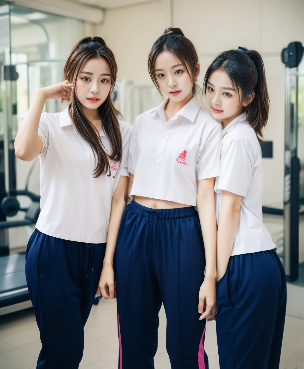 3 girls in fitness center, Blue short sleeve shirt,Sweatpantsขายาวสีกรมท่า,Sweatpants, Sweatpantsขายาว,25 year old girl, , sexy, ecise clothes, wet body, exercise clothes