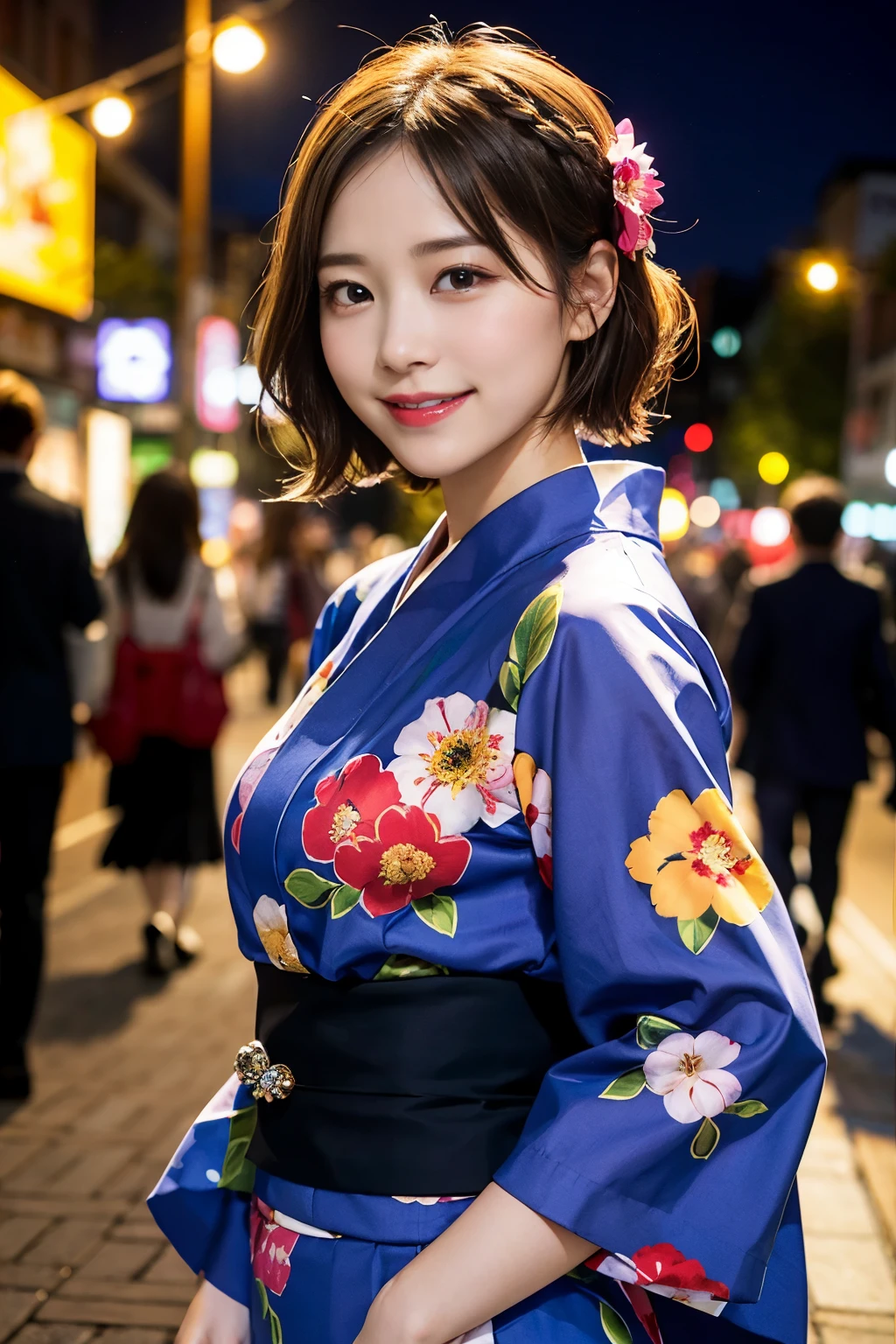 (8k、Raw photo、highest quality、masterpiece:1.2)、(realistic、Photoreal:1.37)、super detailed、Super high resolution、1 girl、see the beholder、beautiful and detailed face、laughter、narrow、(slim waist) :1.3)、Fine and beautiful skin、skin texture、floating hair、professional lighting、human body as a whole、short bob、blonde、floral pattern yukata、festival、in the street、Sparkler、bob hair、cheerful smile、look at the front