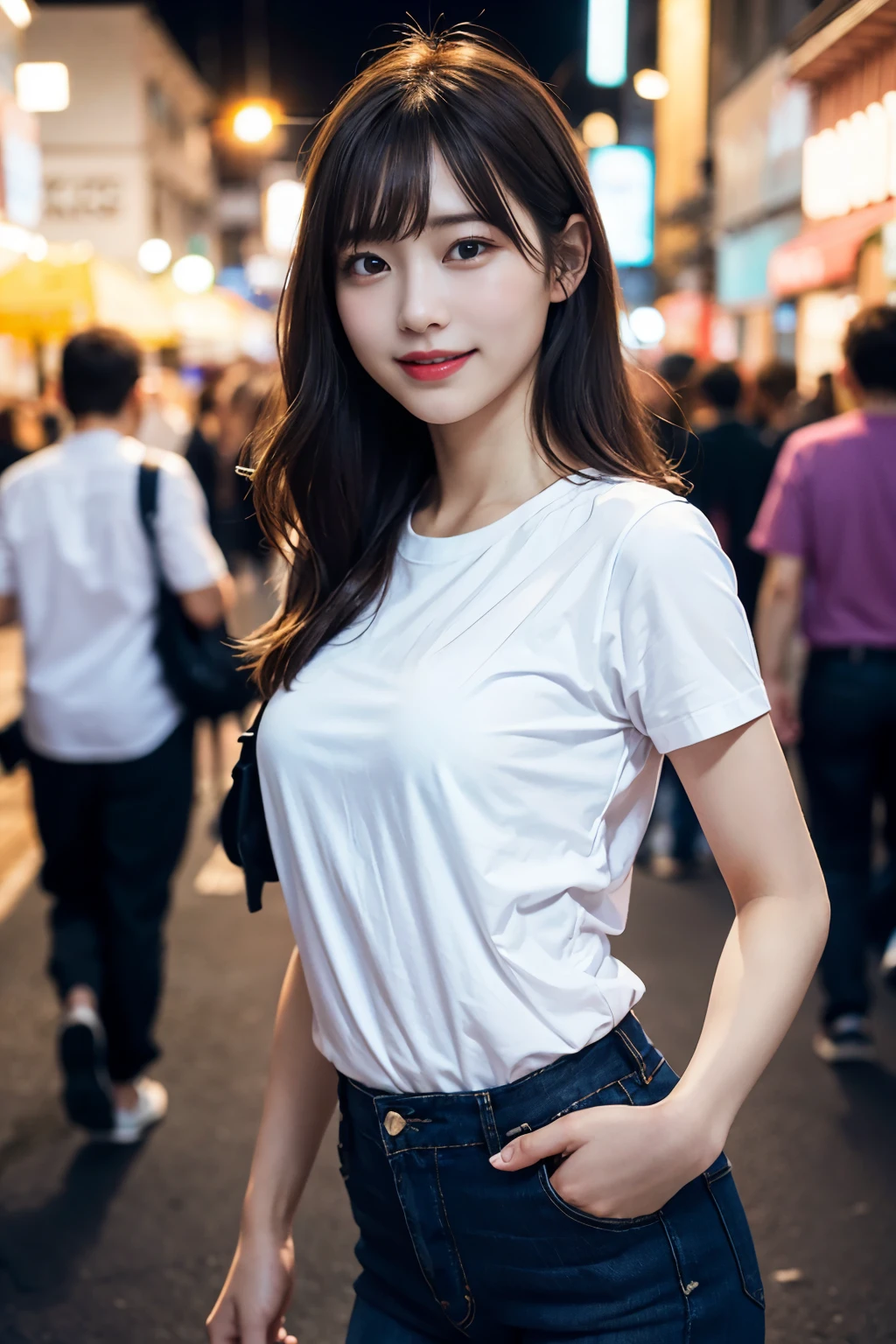(8k、Raw photo、highest quality、masterpiece:1.2)、(realistic、Photoreal:1.37)、super detailed、Super high resolution、1 girl、see the beholder、beautiful and detailed face、laughter、narrow、(slim waist) :1.3)、Fine and beautiful skin、skin texture、floating hair、professional lighting、human body as a whole、long hair、blonde、T-shirt、hot pants、festival、in the street、Sparkler、bob hair、cheerful smile、