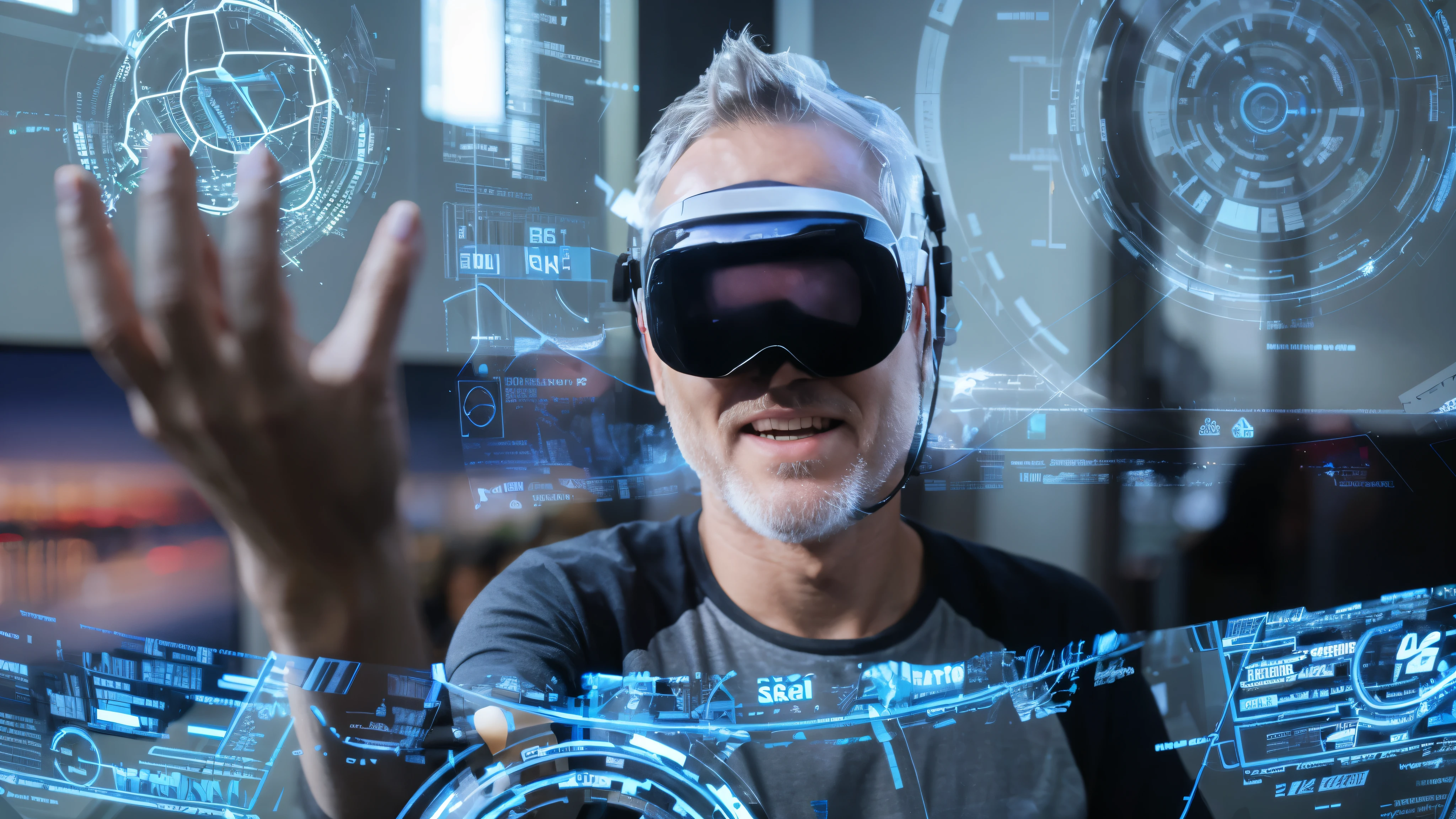a man wears a XR headset and interacts with data that exist in a spatial environment