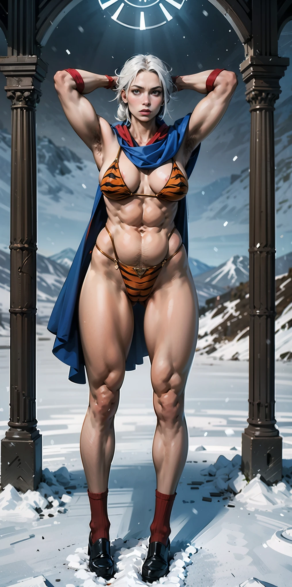 full body standing straight symmetrical, FEMALE warrior princess, big belt around waist, hair, very white skin like snow, strong abs, red tatto belly, red loincloth, tiger bikini, blue cape, sleeveless, black long socks