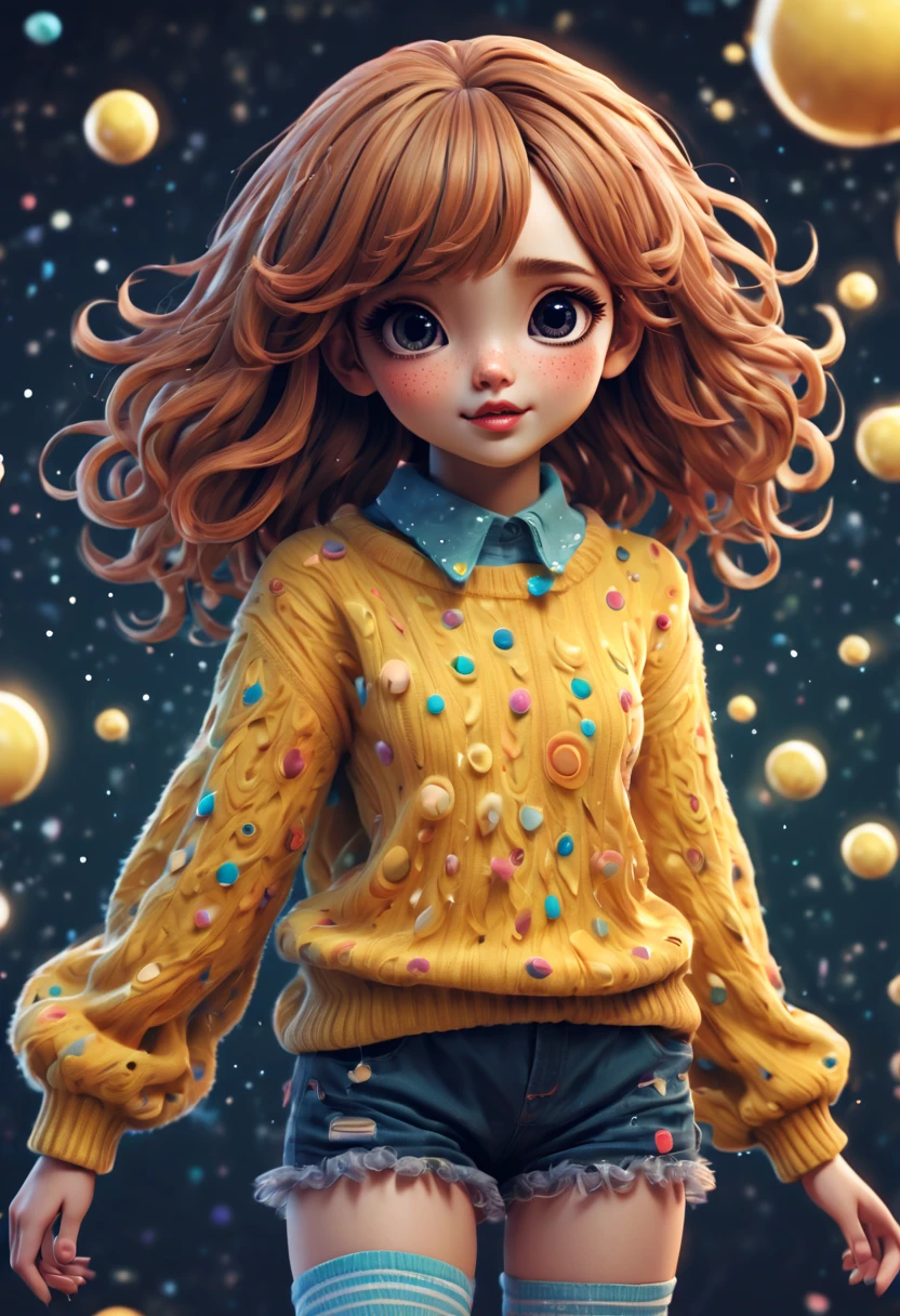 (best quality, highres, ultra sharp), (magical cute girl:1.2). Standing, Full body view, long legs. unique style, standing, long neck, large head, exaggerated hair, fluffy hair, small freckles, exaggerated expression, surreal, duck egg yellow sweater with small dots, details, horsehair, fluffy, socks, magic background, hand-drawn style,pencil drawing,cute, flowing lines, clean and crisp outlines, clean composition, zentangle hair style, art deco, zentangle, 3d crunch, cinematic,