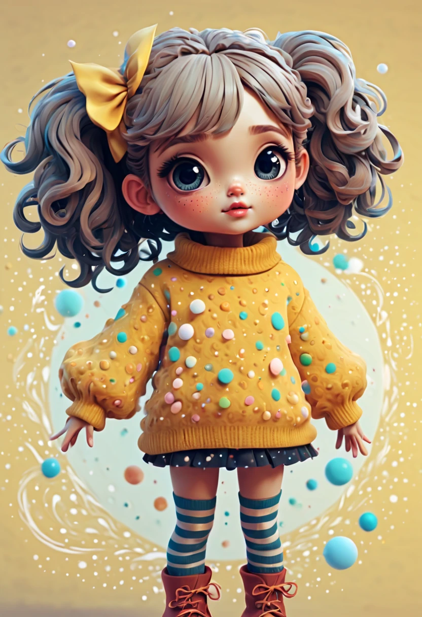 (best quality, highres, ultra sharp), (magical cute girl:1.2). Standing, Full body view, long legs. unique style, standing, long neck, large head, exaggerated hair, fluffy hair, small freckles, exaggerated expression, surreal, duck egg yellow sweater with small dots, details, horsehair, fluffy, socks, magic background, hand-drawn style,pencil drawing,cute, flowing lines, clean and crisp outlines, clean composition, zentangle hair style, art deco, zentangle, 3d crunch, cinematic,
