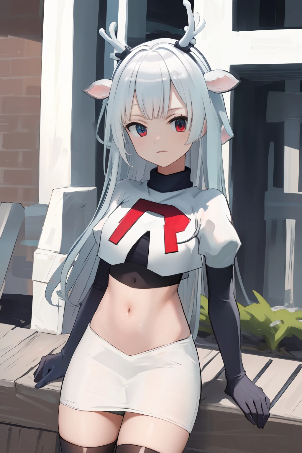 (absurdres, absurd resolution, highres, high resolution, best quality, masterpiece:1.1)
(solo, 1girl)
hakushika iori, antlers, deer ears
outdoors, team rocket,team rocket uniform, red letter R, white skirt,white crop top,black thigh-highs,black elbow gloves