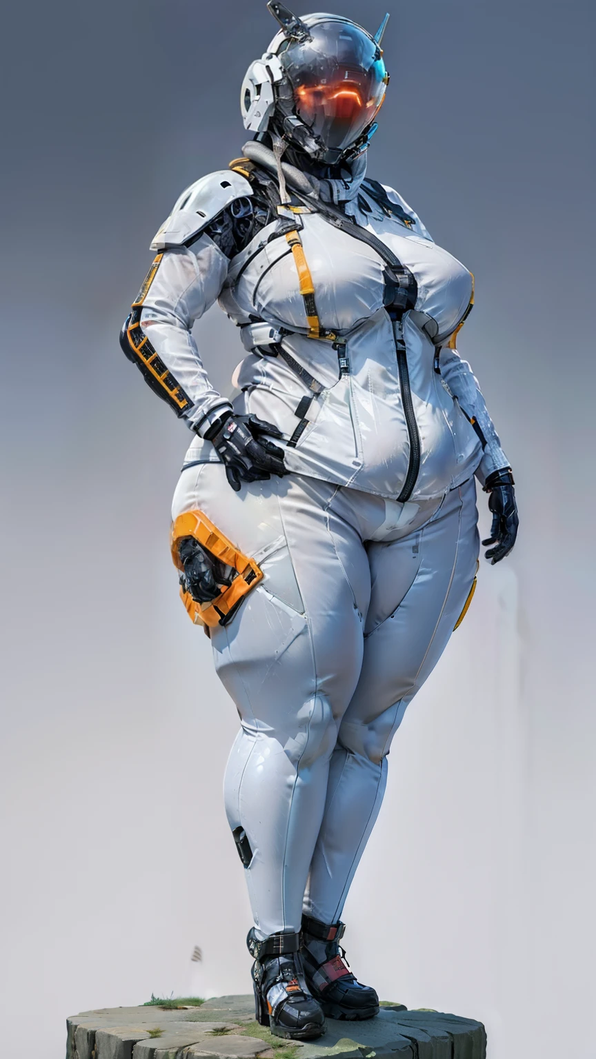 there is nothing, alone, Helmet,  cowboy shot, 
spaceship, industrial, performer,
 (very detailed, masterpiece, highest quality), fat girl、adult woman、Chubby-chan、thick body、reality、professional photos、genuine、thick body, big 、 big ass、big belly、thick thighs、mechanical bodysuit, サイバーHelmet,visor、 white suit,、full body portrait、high heels、full body portrait、stand on tiptoe、facing forward
 