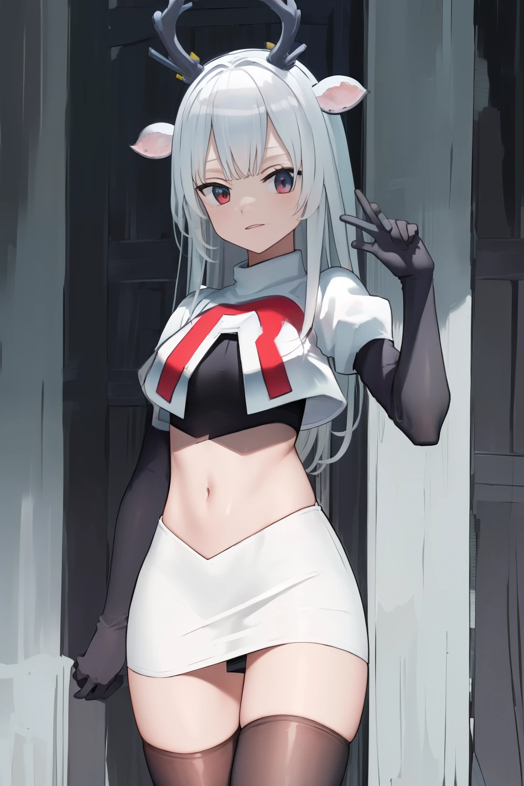 (absurdres, absurd resolution, highres, high resolution, best quality, masterpiece:1.1)
(solo, 1girl)
hakushika iori, antlers, deer ears
outdoors, team rocket,team rocket uniform, red letter R, white skirt,white crop top,black thigh-highs,black elbow gloves