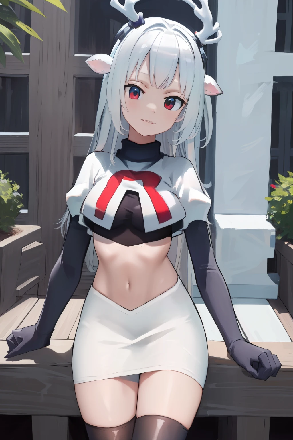 (absurdres, absurd resolution, highres, high resolution, best quality, masterpiece:1.1)
(solo, 1girl)
hakushika iori, antlers, deer ears
outdoors, team rocket,team rocket uniform, red letter R, white skirt,white crop top,black thigh-highs,black elbow gloves