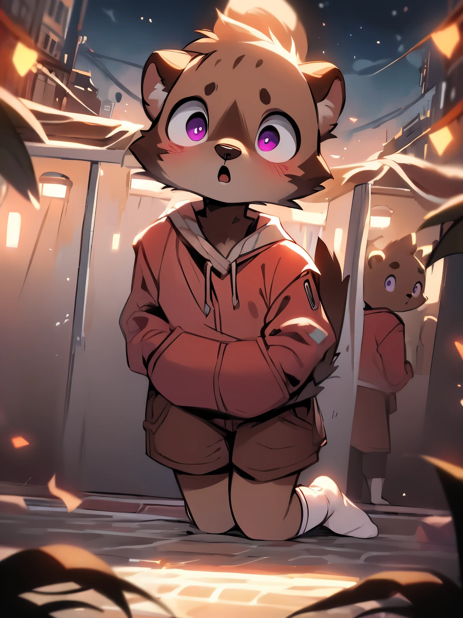 Civet cat, , cute, ((with brown and white fur)), big purple eyes, red hoodie, off white shoes, brown shorts, (((white football socks))), surprised expression, (opening mouth), crouch, ((two hands on knees)), looking up at you, looking down from above, with a blush on the face, night, rooftop, beautiful starry sky, octane rendering, master's masterpiece, fine body portrayal, accurate hand portrayal, accurate detail portrayal, 4K ultra clear