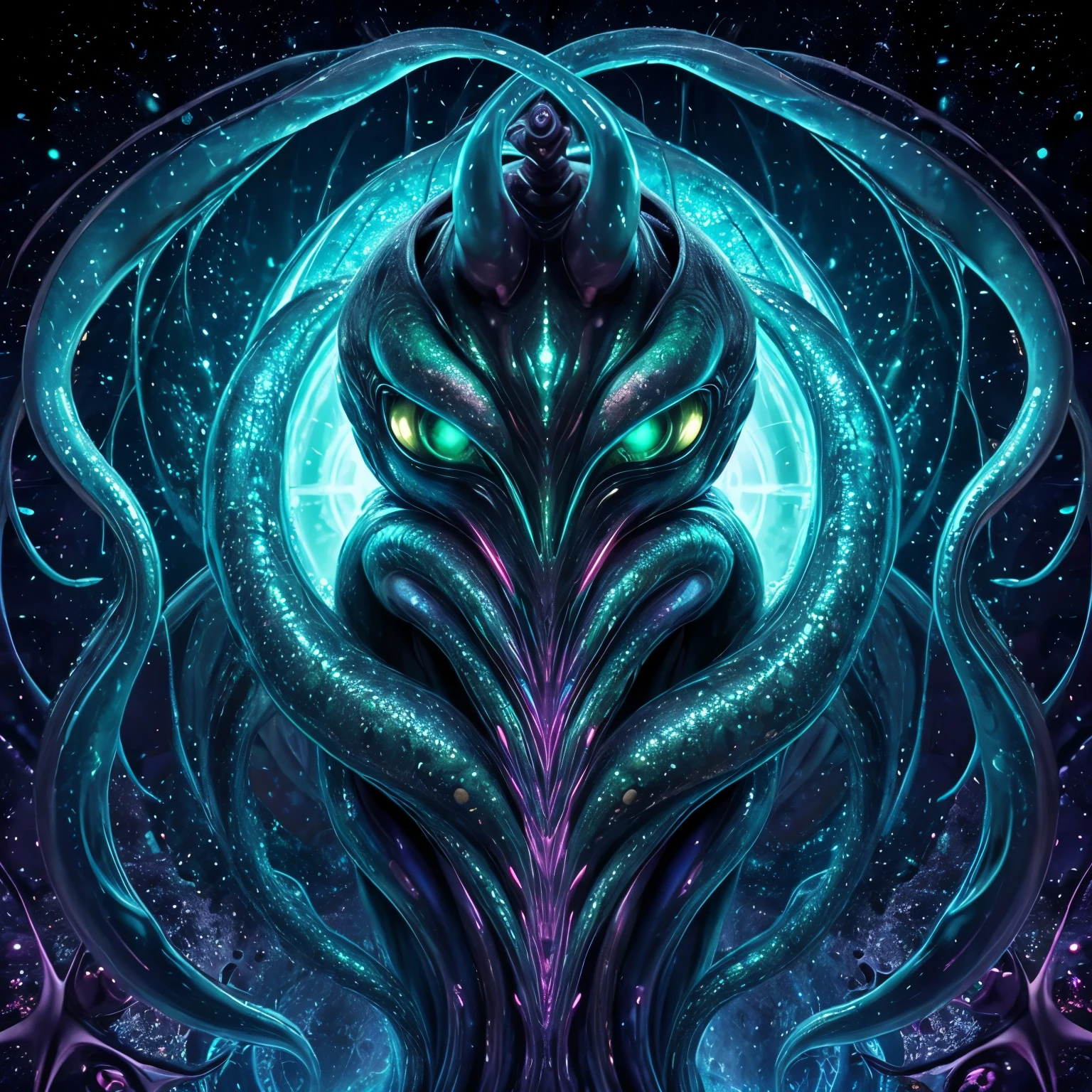 ((((Black Light Art)))), An extraterrestrial creature with multiple colorful appendages and eyes that shimmer in various hues. Its body exudes a bioluminescent glow while it moves in a zero-gravity environment. On its body, intricate patterns are carved out, similar to the constellations in the sky. Its skin color changes adaptively to its surroundings. This alien creature thrives in an alien terrain filled with bioluminescent flora that emits a soft radiating glow, Casting an otherworldly glow across the overall dark background.