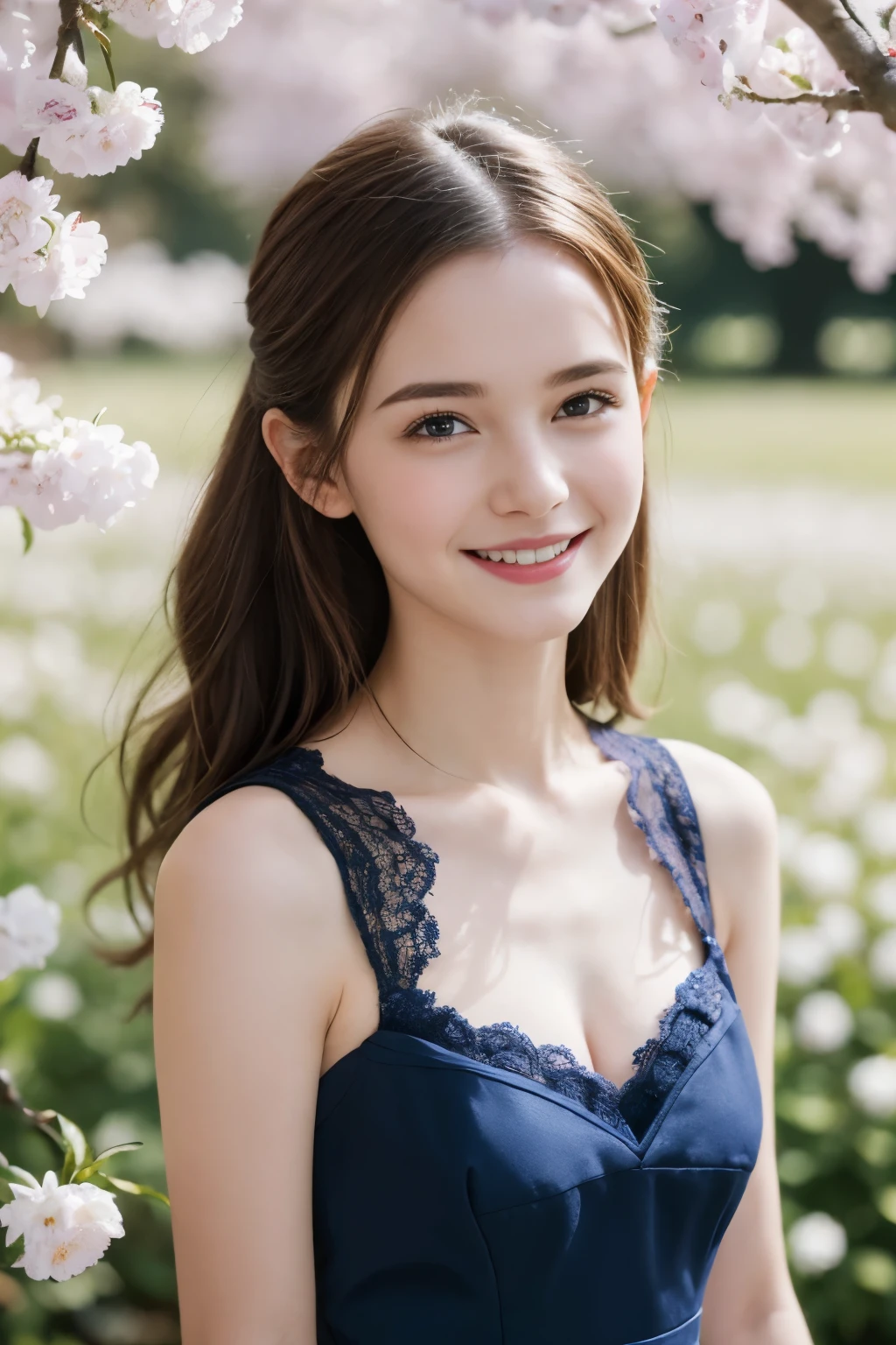 Masterpiece, Best quality, 8k, 18 ans, Photo brute, absurdes, Award-winning portrait, sourire, sourire, pure, french, elegant vibrant blue dress, spring, orchard in bloom, laces, famous singer