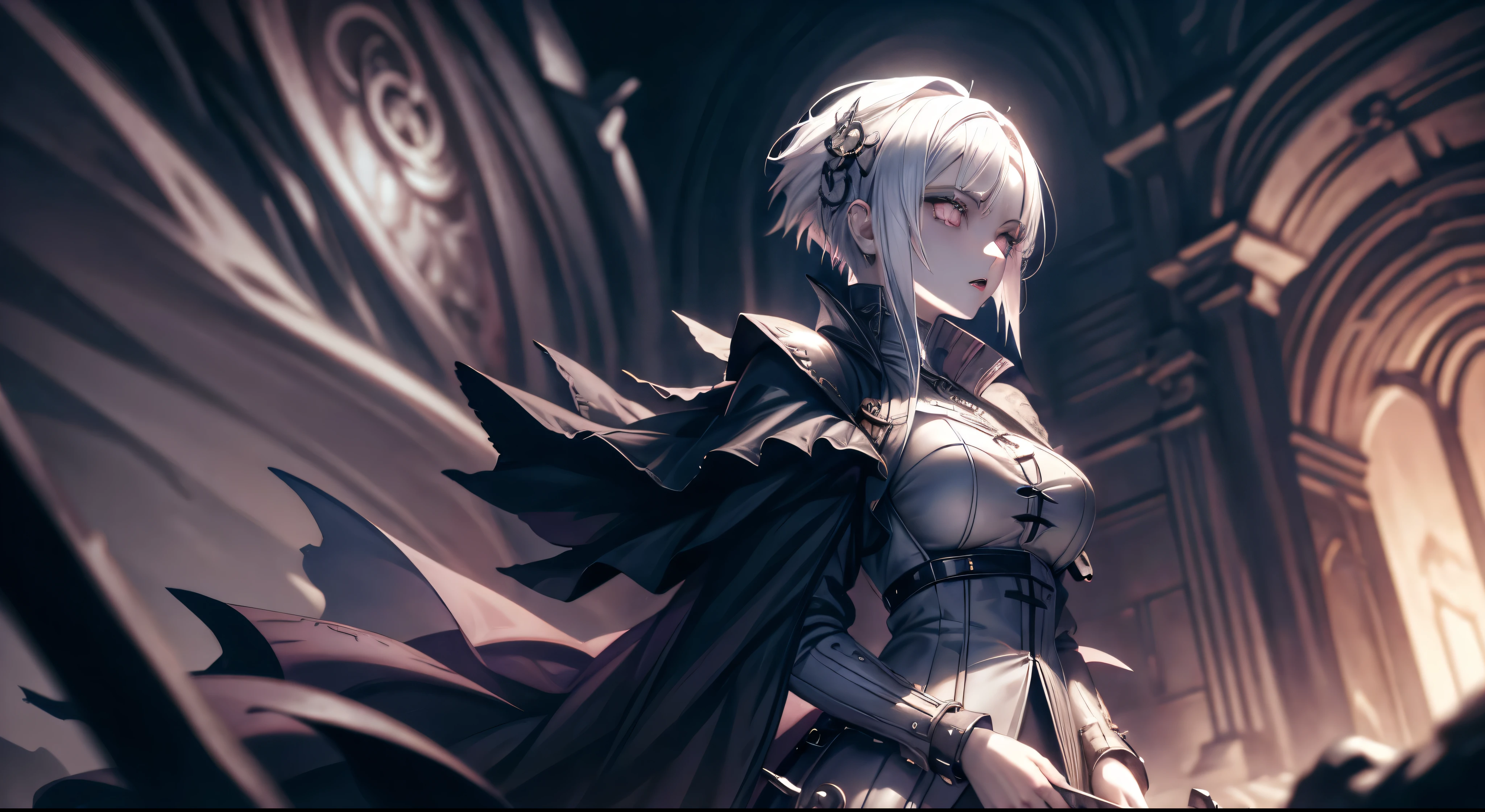 Anime girl with white hair and asymmetrical gothic style haircut, pale skin, sobrancelhas brancas, light pink iris, black lipstick and extremely pointed dark gothic medieval armor. High-quality gothic style image transmission with white-haired anime girl, light pink iris and pale skin, Pose confiante, dark scenery, gotas de chuva, olhar severo, rosto oval, Detailed and dynamic 8K black lipstick wallpaper.