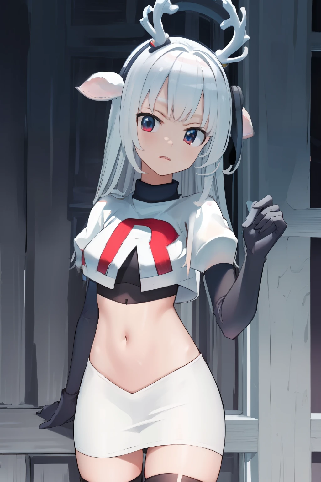 (absurdres, absurd resolution, highres, high resolution, best quality, masterpiece:1.1)
(solo, 1girl)
hakushika iori, antlers, deer ears
outdoors, team rocket,team rocket uniform, red letter R, white skirt,white crop top,black thigh-highs,black elbow gloves