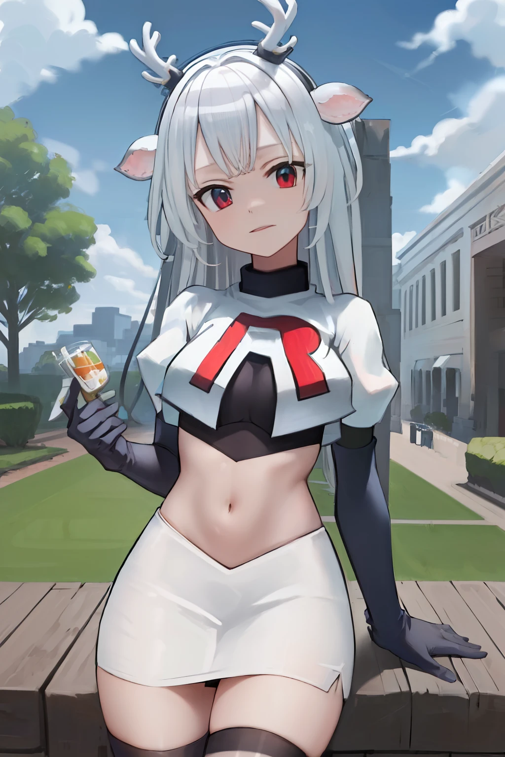 (absurdres, absurd resolution, highres, high resolution, best quality, masterpiece:1.1)
(solo, 1girl)
hakushika iori, antlers, deer ears
outdoors, team rocket,team rocket uniform, red letter R, white skirt,white crop top,black thigh-highs,black elbow gloves