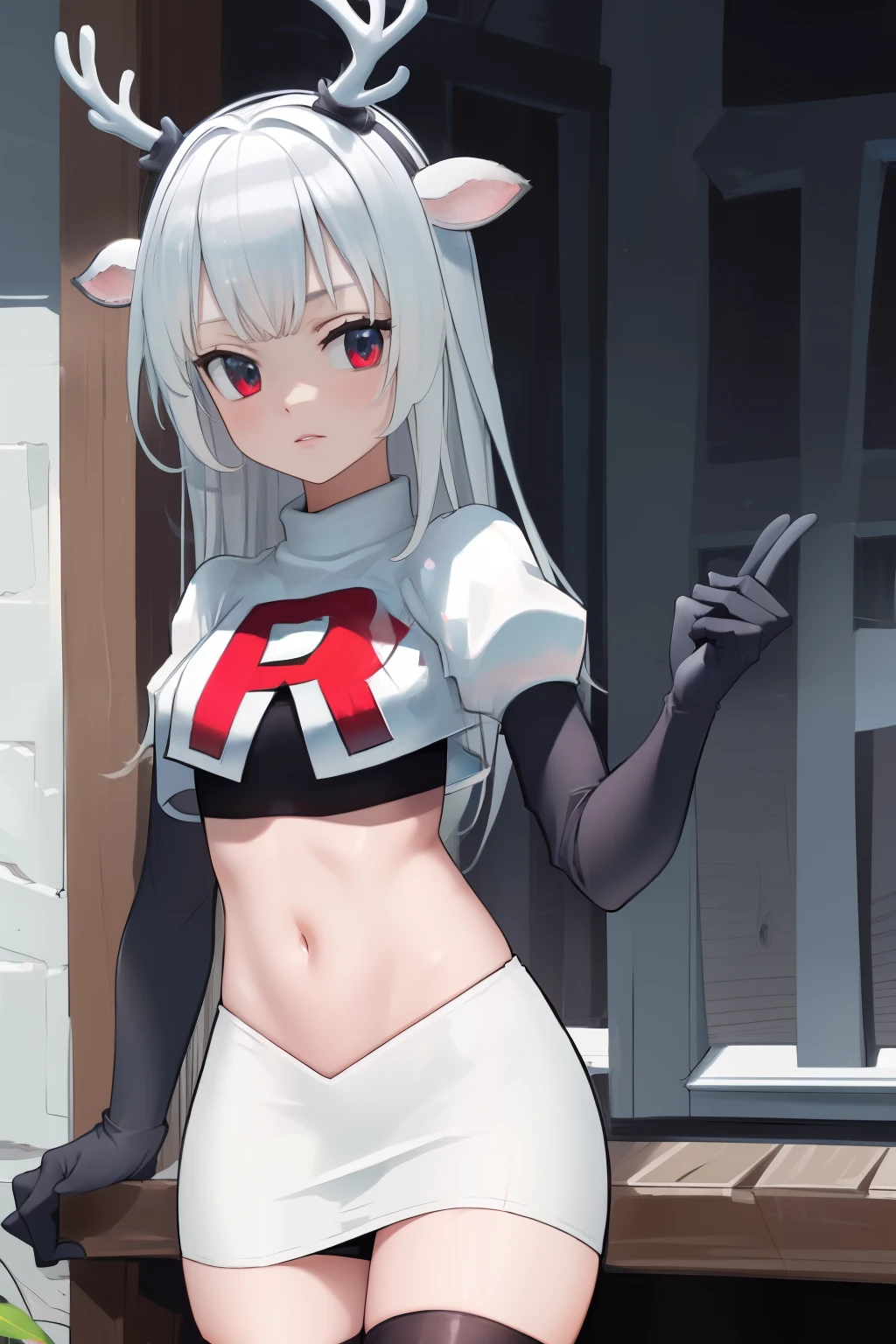 (absurdres, absurd resolution, highres, high resolution, best quality, masterpiece:1.1)
(solo, 1girl)
hakushika iori, antlers, deer ears
outdoors, team rocket,team rocket uniform, red letter R, white skirt,white crop top,black thigh-highs,black elbow gloves