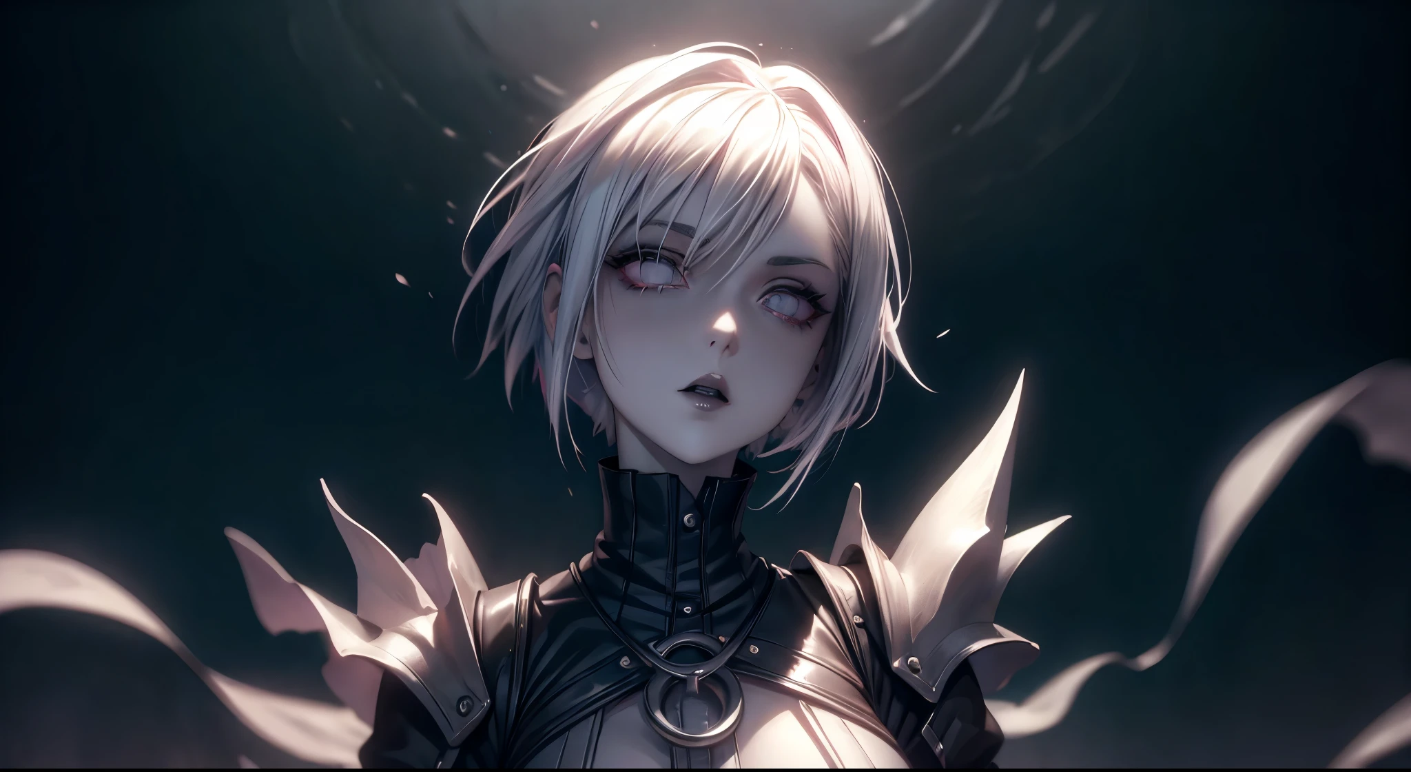 Anime girl with white hair and asymmetrical gothic style haircut, pale skin, sobrancelhas brancas, light pink iris, black lipstick and extremely pointed dark gothic medieval armor. High quality gothic style image broadcast with white haired anime girl, light pink iris and pale skin, Pose confiante, dark scenery, gotas de chuva, olhar severo, rosto oval, Detailed and dynamic 8K black lipstick wallpaper.