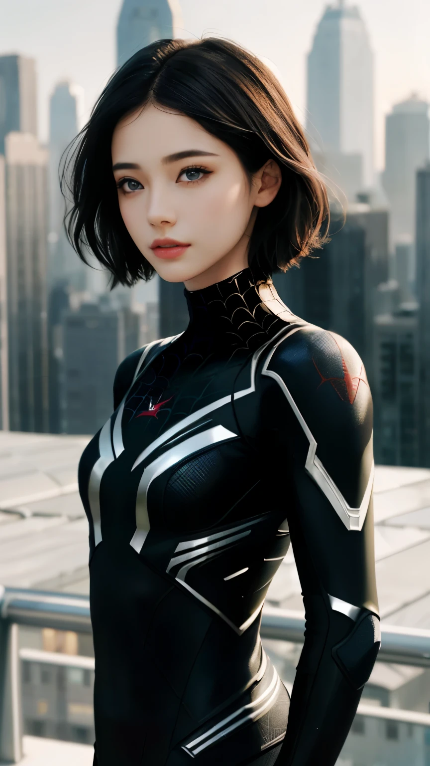 25 year old woman,(1girl:1.3), Solo, (((Very detailed face)))), ((Very detailed eyes and face)))), Beautiful detail eyes, Body parts__, Official art, Unified 8k wallpaper, Super detailed, beautiful and beautiful, beautiful, masterpiece, best quality, original, masterpiece, super fine photo, best quality, super high resolution, realistic realism, sunlight, full body portrait, amazing beauty, dynamic pose, delicate face, vibrant eyes, (from the front), She wears Spider-Man suit, silver and black color scheme, spider, very detailed city roof background, rooftop, overlooking the city, detailed face, detailed complex busy background, messy, gorgeous, milky white, highly detailed skin, realistic skin details, visible pores, clear focus, volumetric fog, 8k uhd, DSLR, high quality, film grain, fair skin, photo realism, lomography, futuristic dystopian megalopolis, translucent, cool beauty,tall girl,short cut hair, black hair,Precisely expresses details such as face and skin texture,beautiful eye,double eyelid,delicate skin,slender body shape,alone,small breast,full body