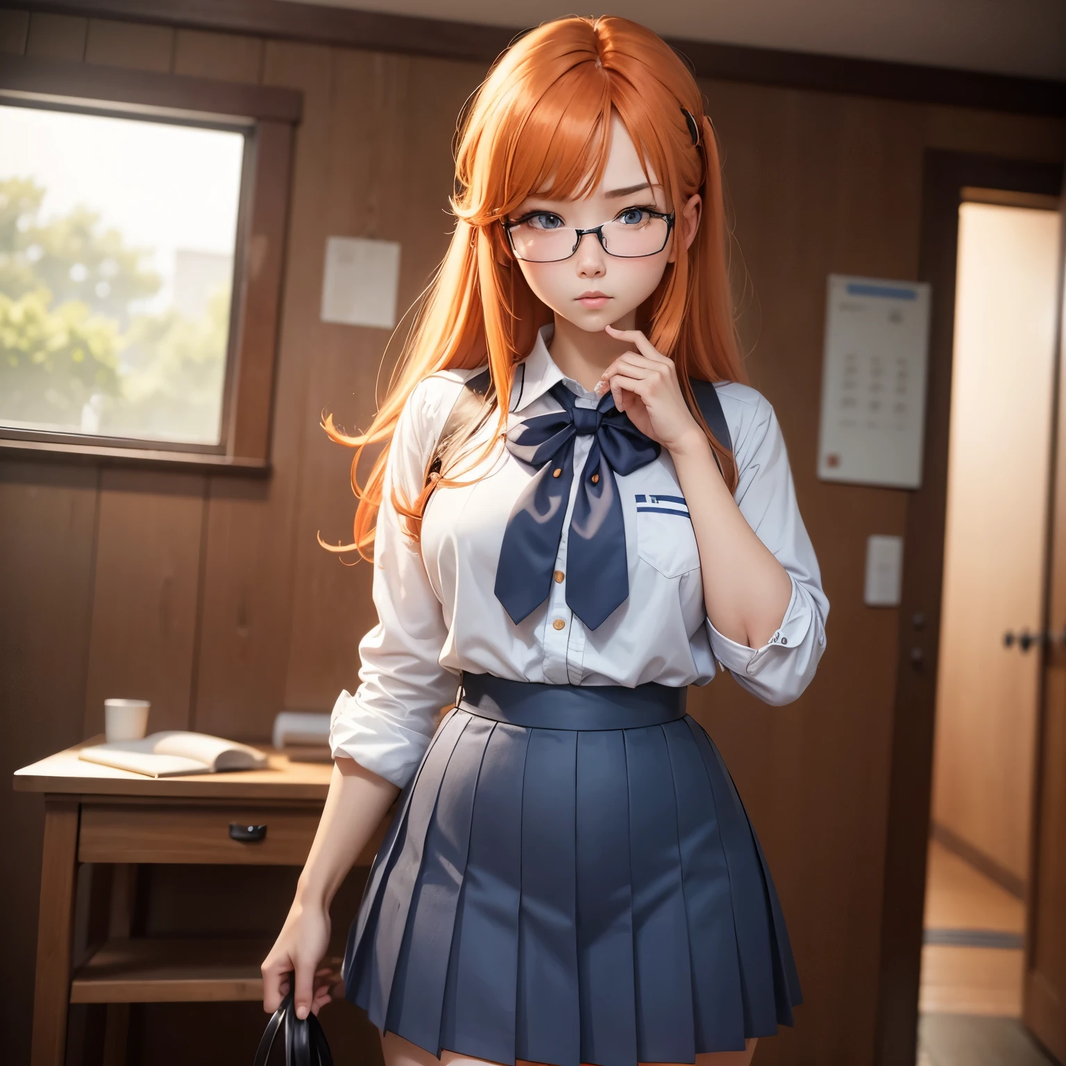 girl, skinny, pale skin, freckles, braces, glasses, flat chest, plump ass, seductive smile, short curly red hair, skimpy school uniform,single girl