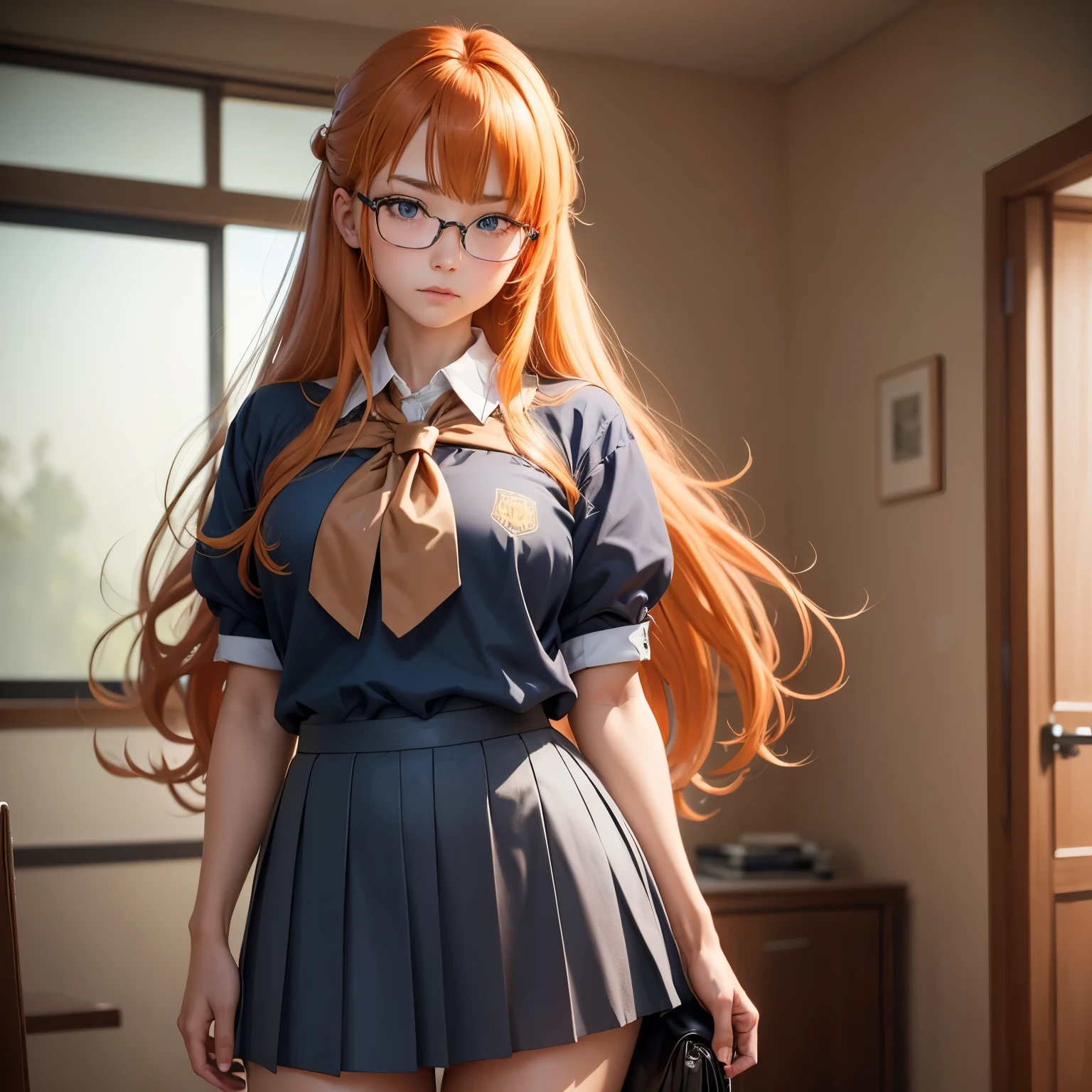 8k, masterpiece, best quality, realistic, higly detailed, cowboy shot, 1girl, solo, Itsuki Nakano, serious looking girl, medium-length hair, expressive ahoge, reddish-orange hair colour, a pair of star-shaped hairpins near both of her eyes, dark blue eyes, average height, well-endowed figure, wears glasses, cute, School Uniform