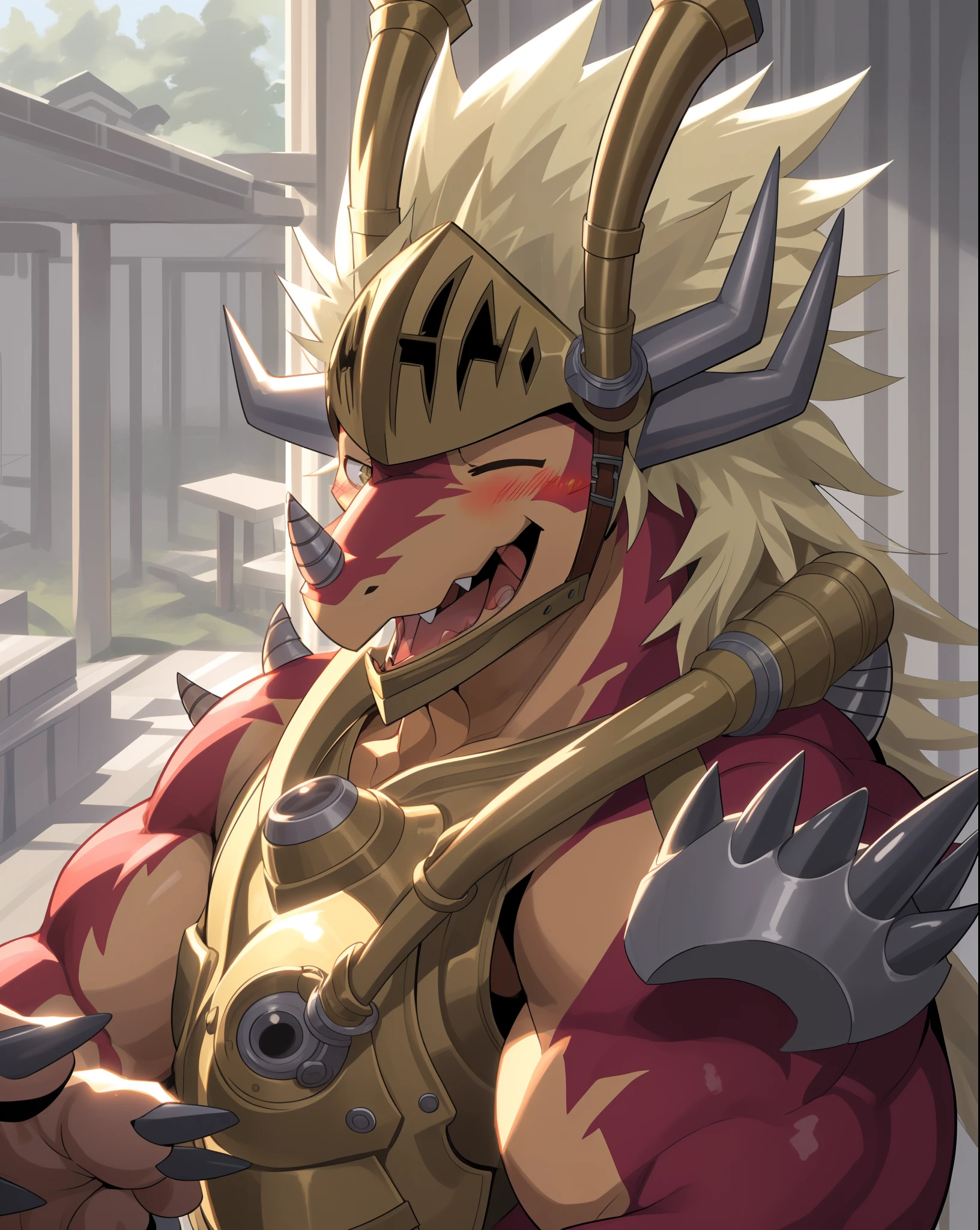 drum bunker dragon, helmet, anthro, dragon, male, armor, solo, horn, claws, scalie, blonde hair, muscular,
bust portrait, one eye closed, laugh, blush,
kemono, detailed background