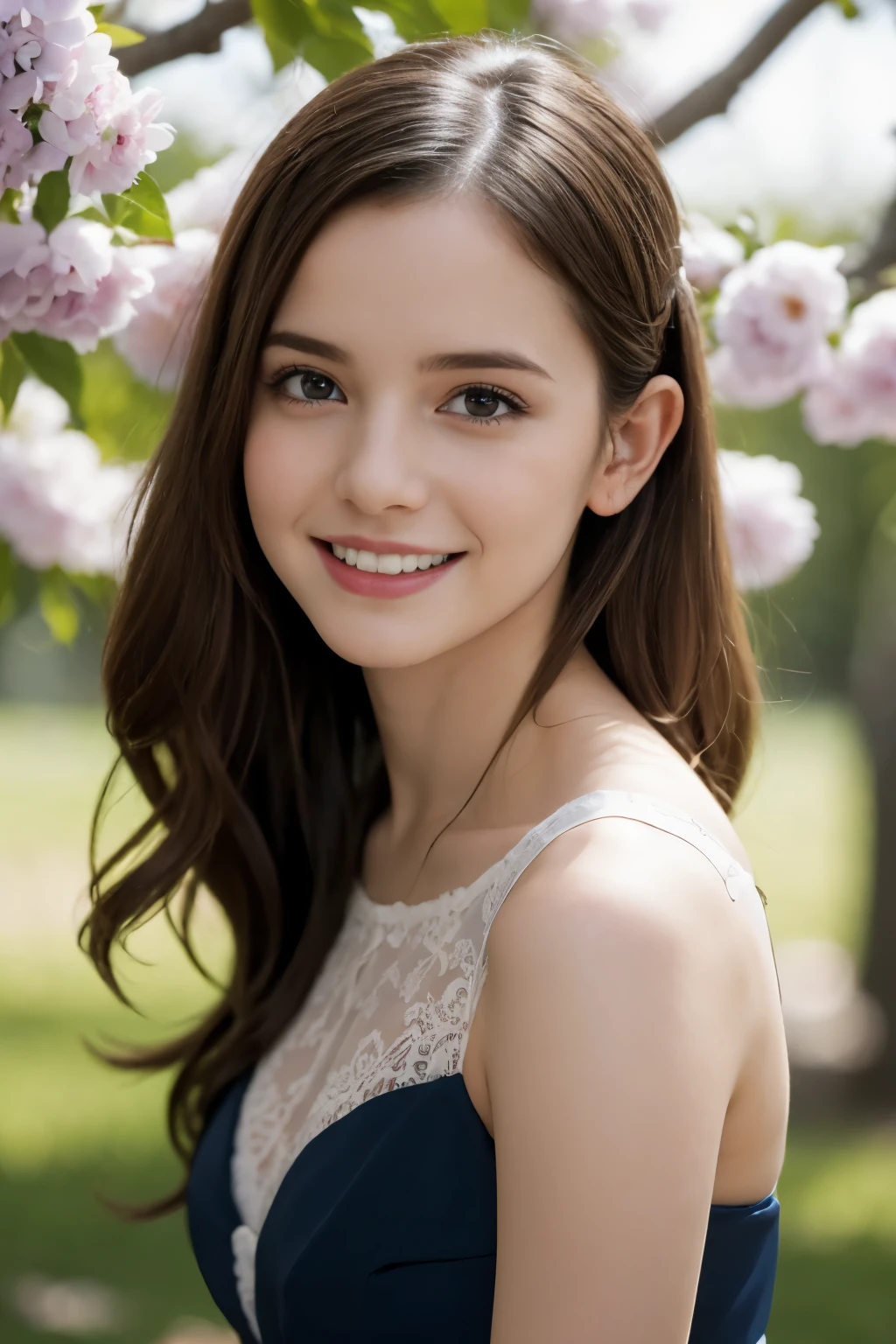 Masterpiece, Best quality, 8k, 18 ans, Photo brute, absurdes, Award-winning portrait, sourire, sourire, pure, french, elegant vibrant blue dress, spring, orchard in bloom, laces, famous singer
