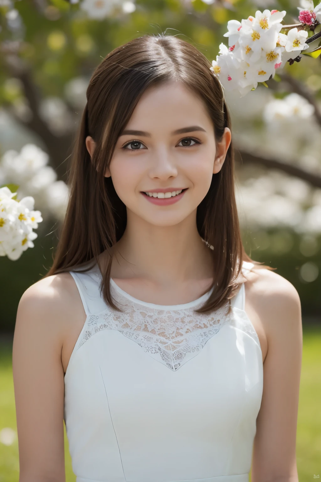 Masterpiece, Best quality, 8k, 18 ans, Photo brute, absurdes, Award-winning portrait, sourire, sourire, pure, french, simple vibrant pink dress, spring, orchard in bloom, laces, famous singer, cute, cherry lips, earrings, long hair, in love, Intelligent, Island, Shakespeare