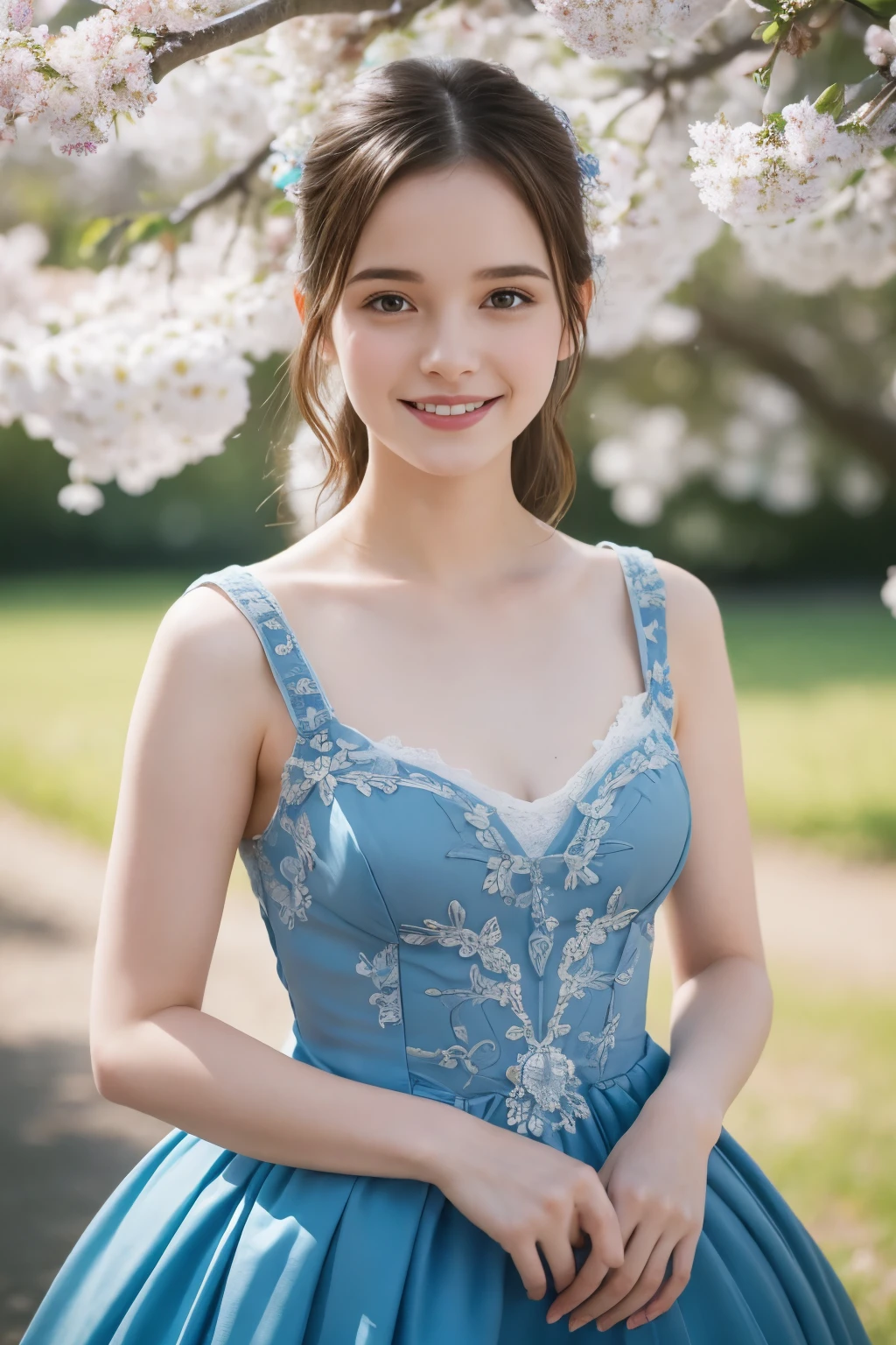 A woman in a blue dress standing under a tree - SeaArt AI