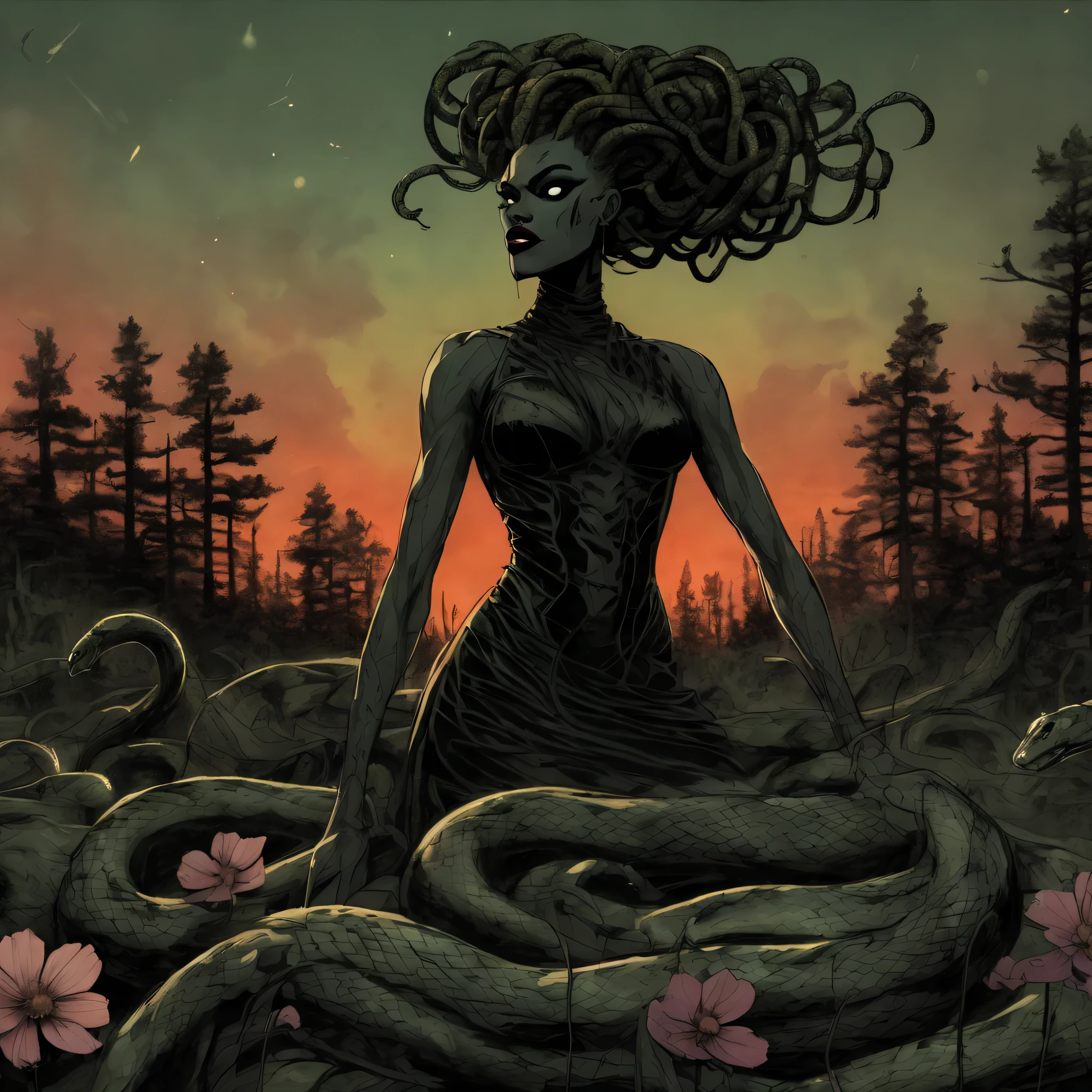 candid, Medusa, snake-haired, 2.5d joelle jones sketch, (art style rough charcoal Gerardo Zaffino blended with expressive ink lines of Sean Gordon Murphy), color grading depth shading, decompressed comic, snake skin dress, pine barrens, sunset, cosmos, green to brown, deep fiery radiant ROYGBIV, (background, pine barrens, entropy, rewilding, magic hour sunset with galaxy stars, cosmos), (face, ornate black metal corpse paint, resembles Grace Jones), craftsmanship nuance, (horror, abstract, surreal, body, cosmic), splash page, subliminal orchids, experimental, unfinished, optical illusion, long multiple exposure, no light source,