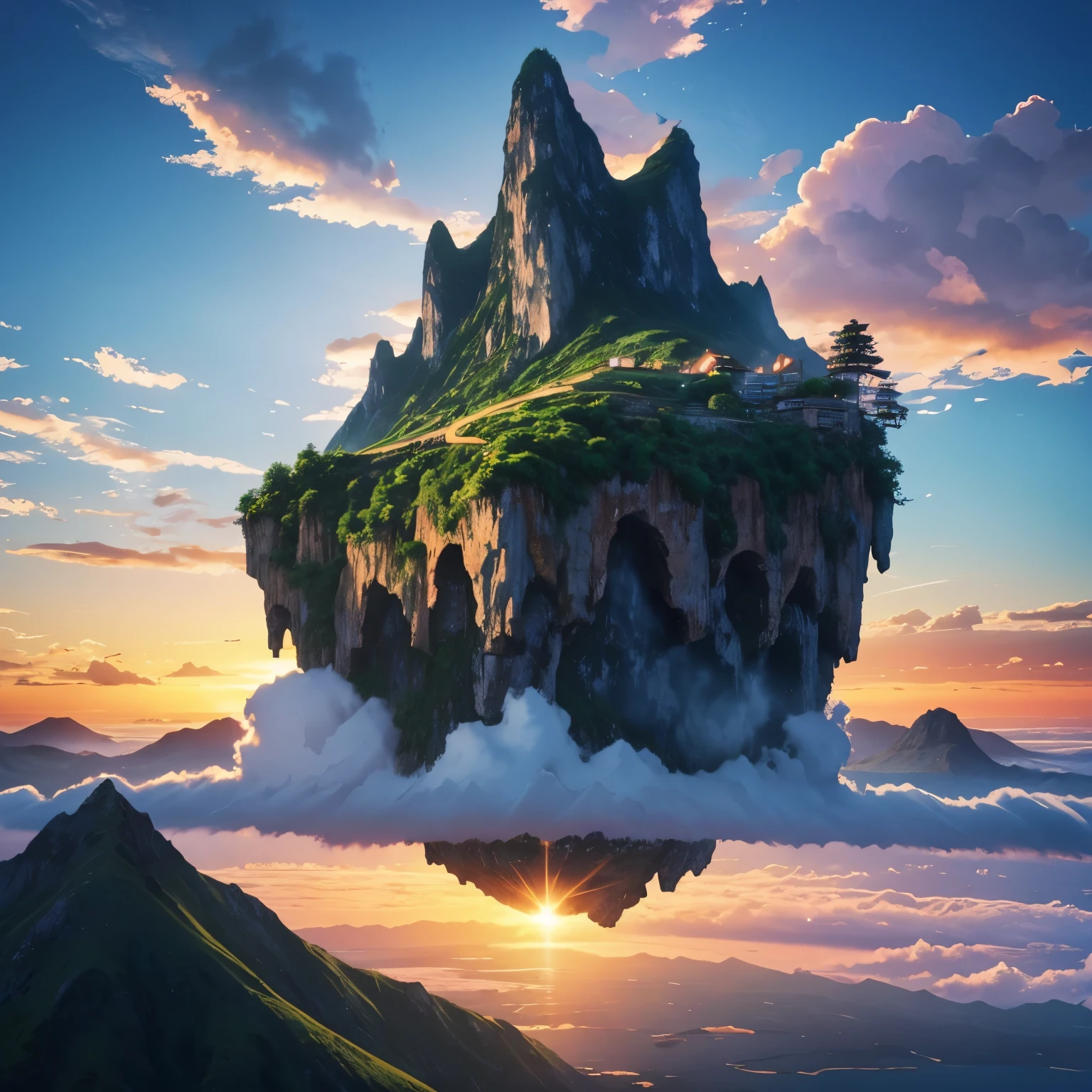 Anime island floating in the sky with a sunset in the background, montanha com cascata em nuvem voadora, mountain floating in the sky, uma imensa montanha flutuante, mountain with waterfall in the sky, bela fantasia detalhada, montanha de fantasia.