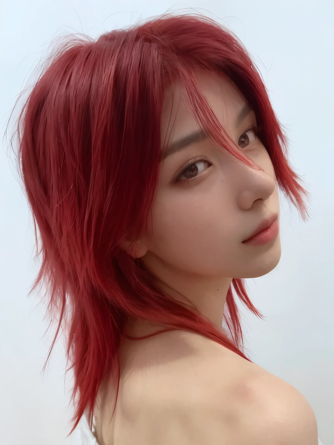 arafed asian men with cabelo vermelho and a cross tattoo on her back, cabelo tingido de vermelho, messy square vibrant cabelo vermelho, cor vermelha, cabelo carmesim, bright cabelo vermelho, with cabelo vermelho, cabelo vermelho, red crimson cabelo carmesim, vibrant cabelo vermelho, crimson cabelo vermelho and red eyes, peruca vermelha, red cabelo carmesim, cabelo vermelho and attractive features