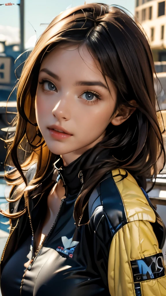 (((HD photo))), ultra high res.photorealistic:. 1.4, UHD, masterpiece, trending on artstation, portrait, upper body shot, 1girl, fashion photography, pretty, cute face, ((detailed face, detailed eyes)) most beautiful in the world, soft, delicate, (long red hair), large breasts, slim waist, (wearing racing jacket:1.6) jeans, hires textures, intricate details, sunkissed, San Francisco city