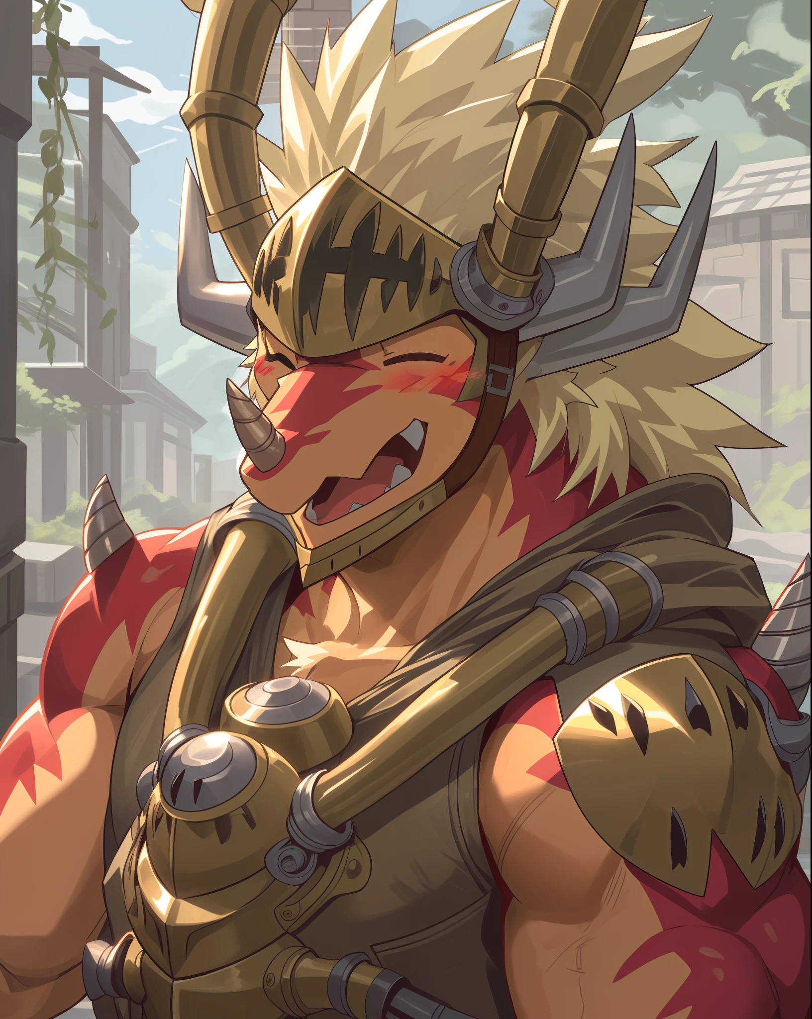 drum bunker dragon, helmet, anthro, dragon, male, armor, solo, horn, claws, scalie, blonde hair, muscular,
bust portrait, one eye closed, laugh, blush,
kemono, detailed background